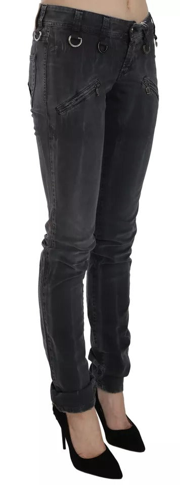 Jean skinny en denim délavé gris taille basse avec fermeture éclair latérale John Galliano
