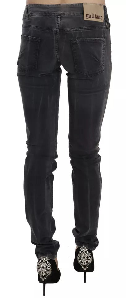 Jean skinny en denim délavé gris taille basse avec fermeture éclair latérale John Galliano