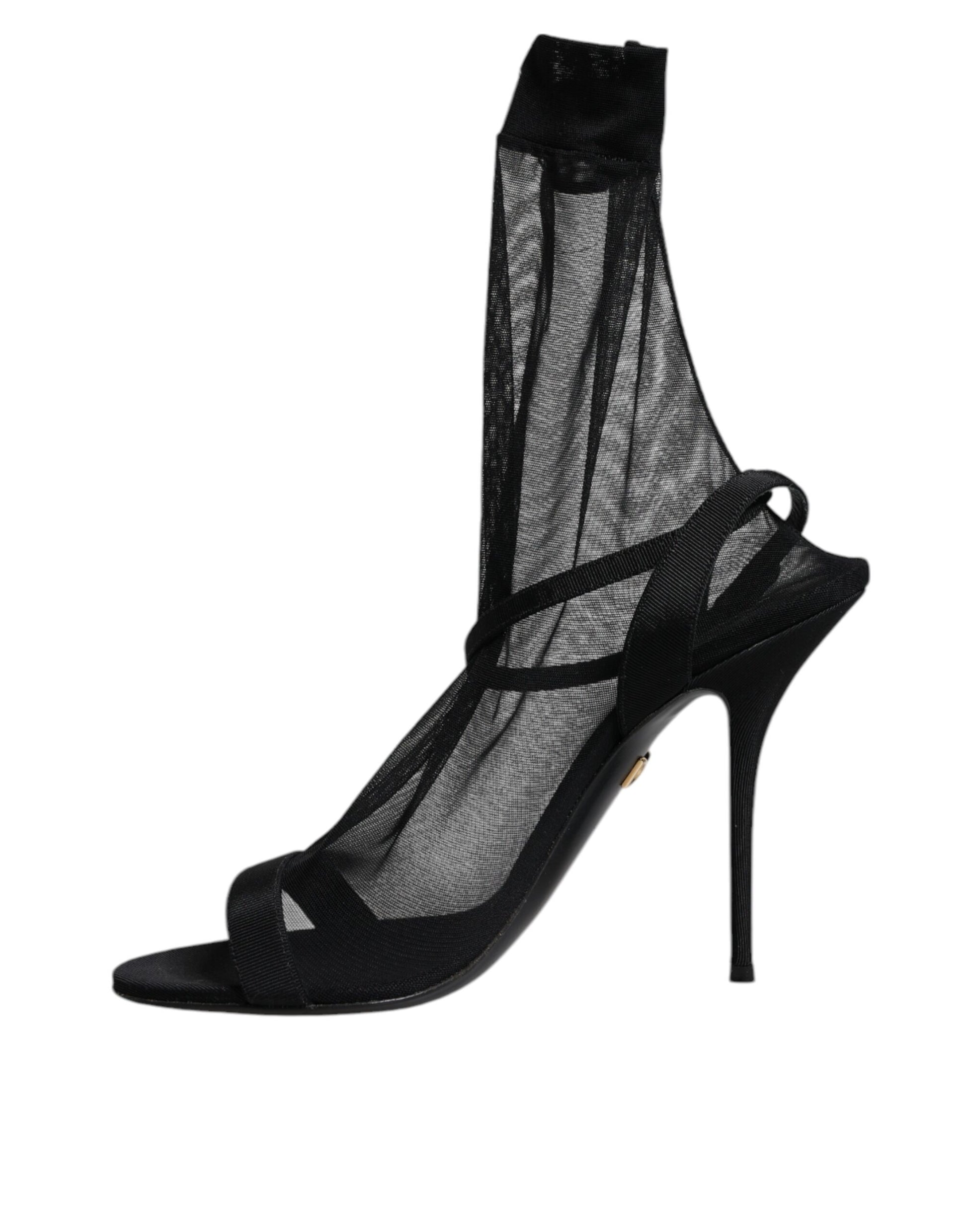 Dolce & Gabbana Black Tulle Stretch Heels Sandals Shoes