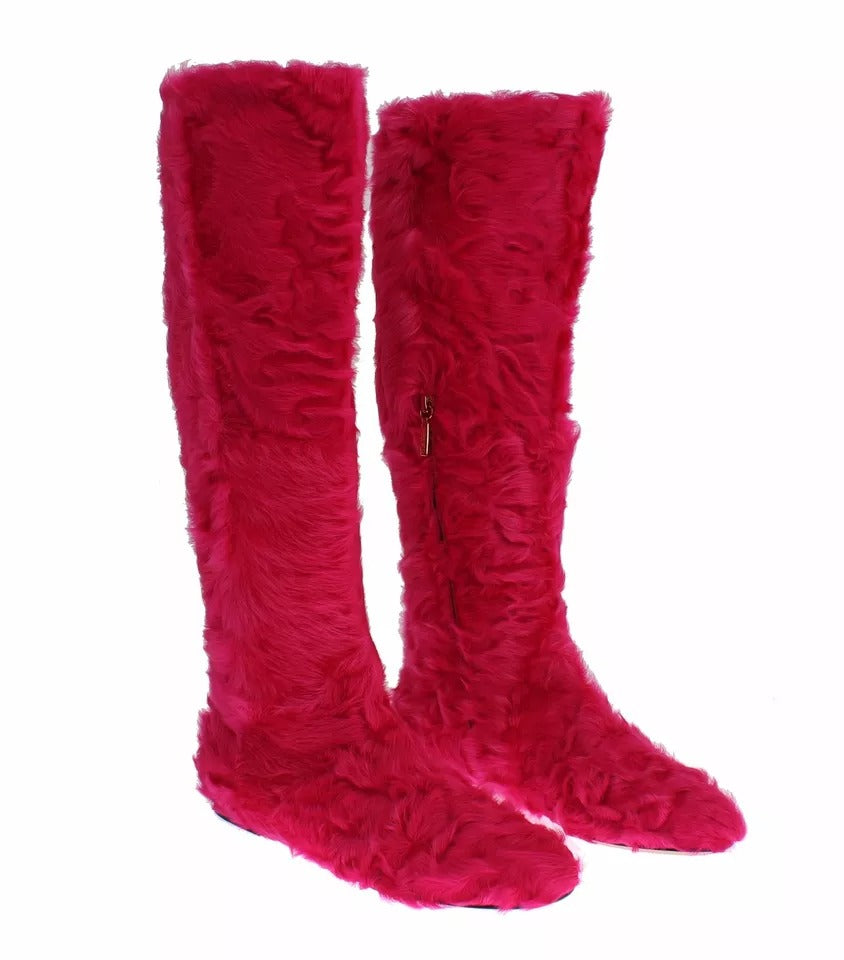 Bottes Plates Dolce & Gabbana en Cuir et Fourrure d'Agneau Rose
