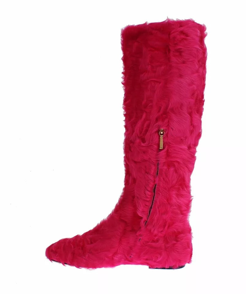 Bottes Plates Dolce & Gabbana en Cuir et Fourrure d'Agneau Rose