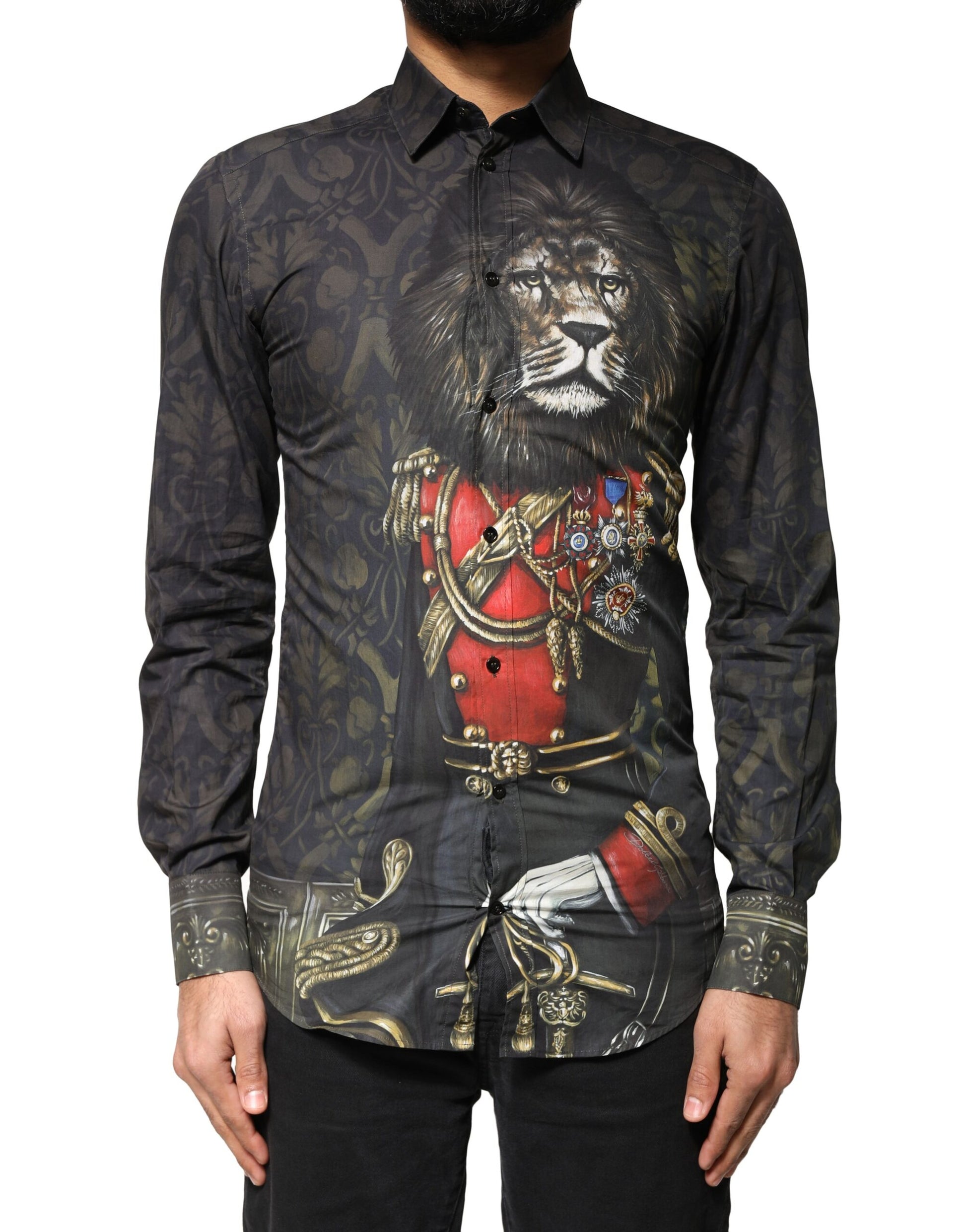 Chemise habillée Dolce & Gabbana noire avec portrait animalier Royal GOLD