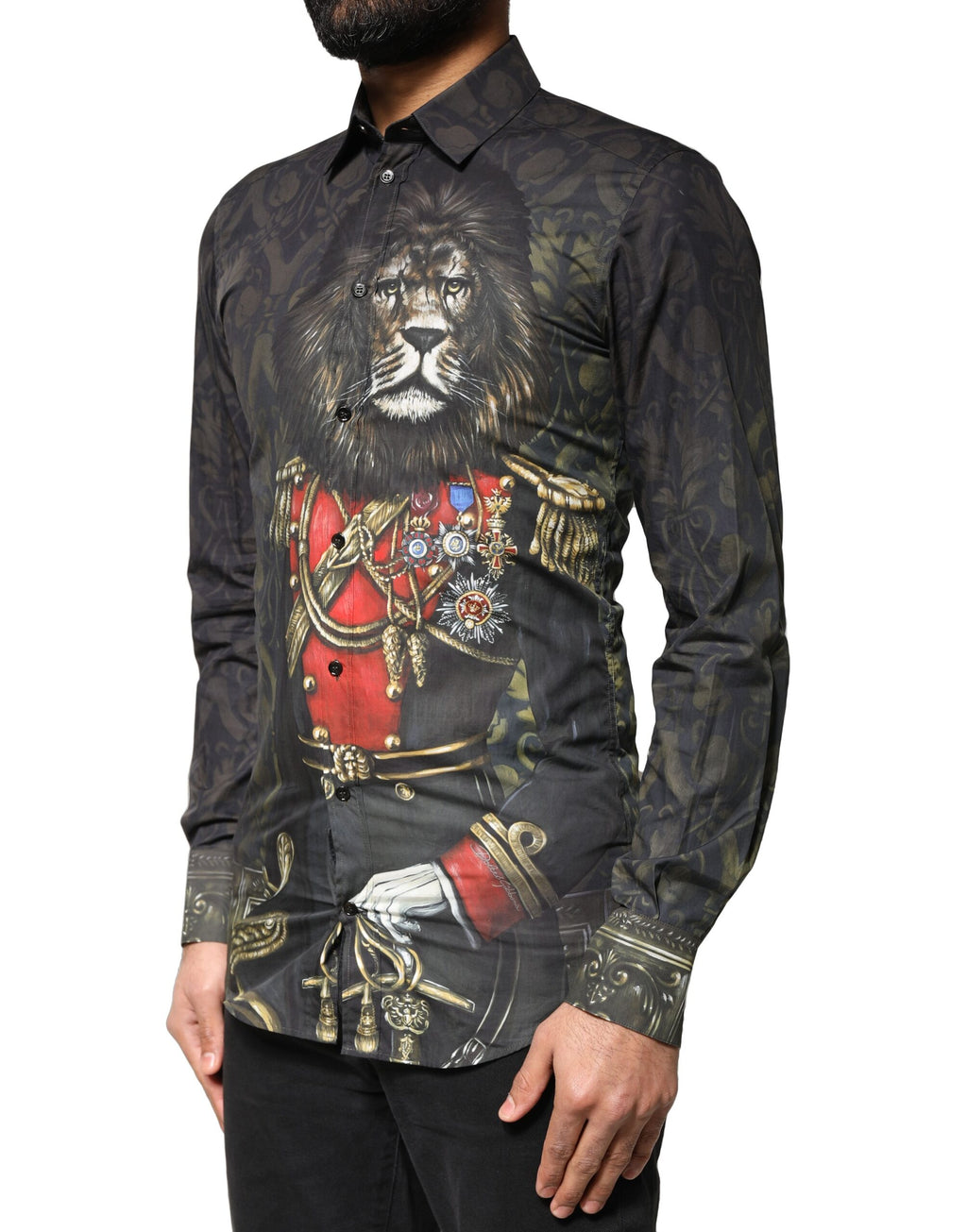 Chemise habillée Dolce & Gabbana noire avec portrait animalier Royal GOLD