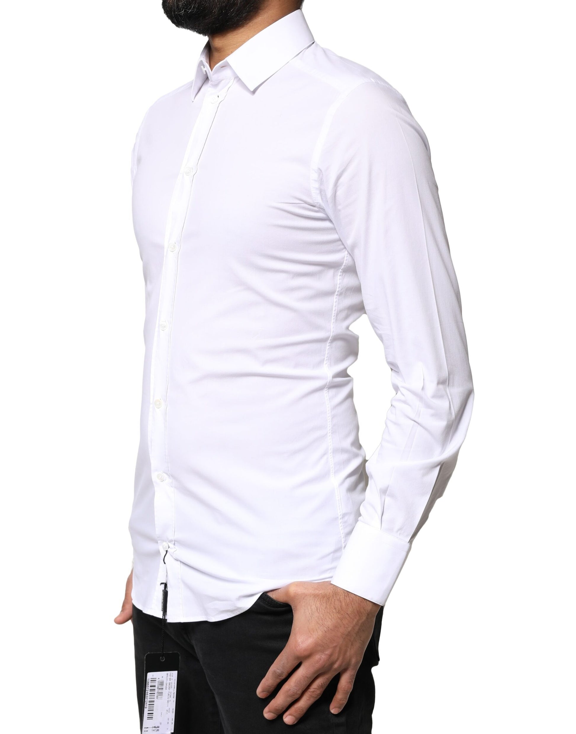 Chemise Habillée Manches Longues en Coton Blanc et Or Dolce & Gabbana