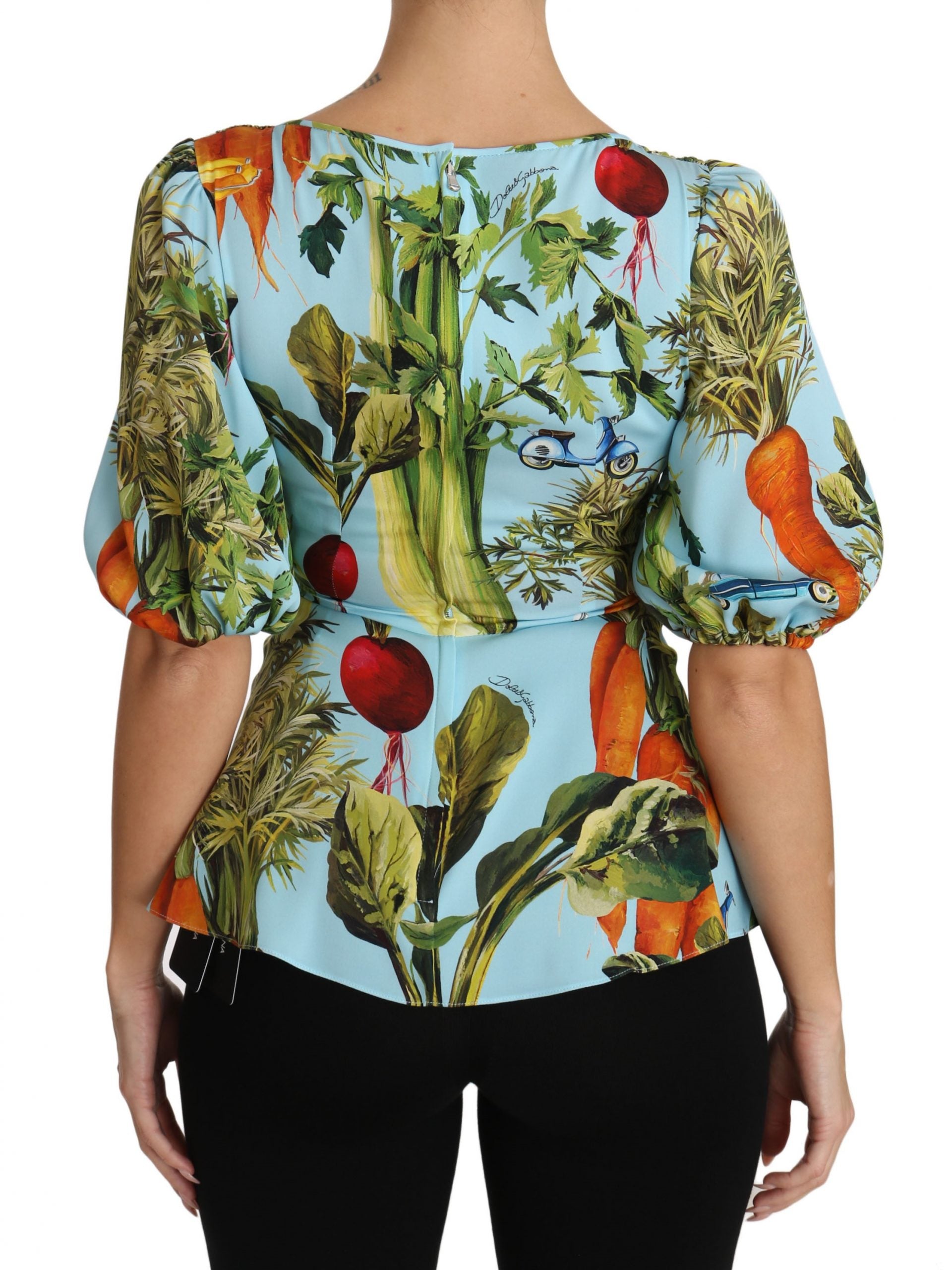 Chemisier cache-cœur peplum en soie imprimé légumes multicolores Dolce & Gabbana
