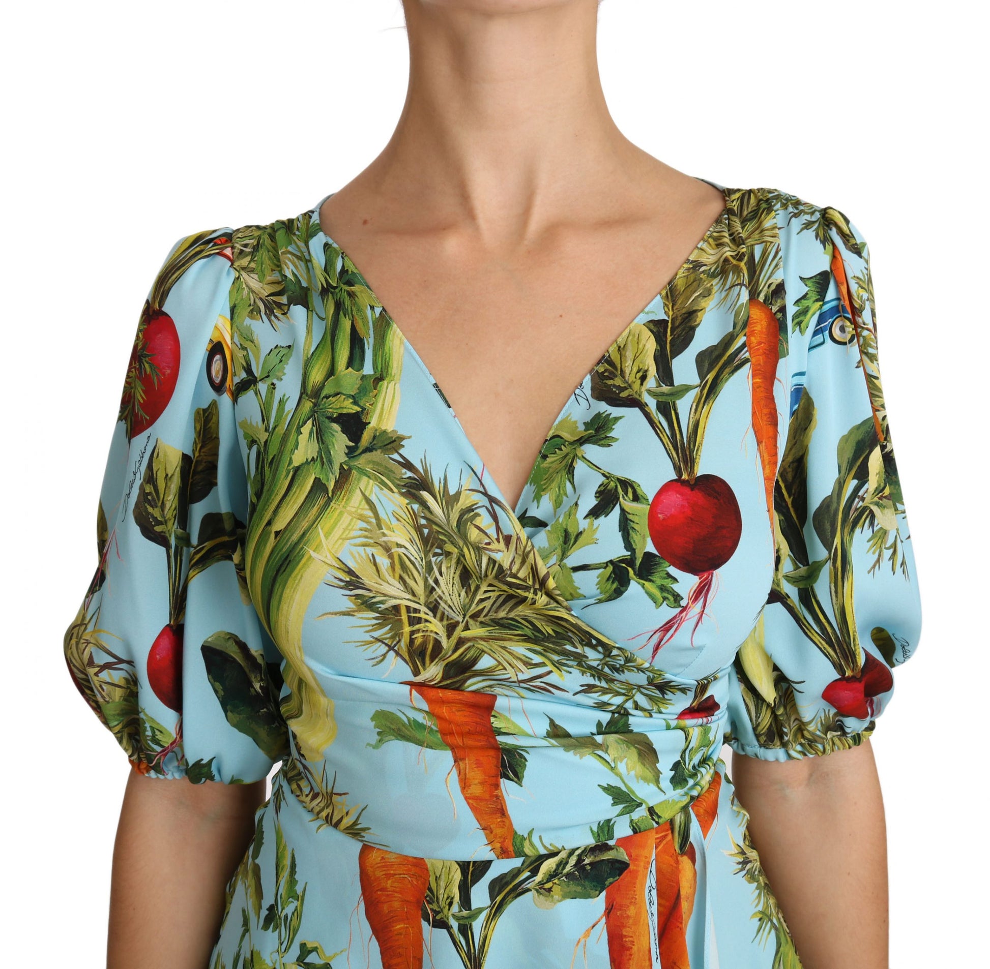 Chemisier cache-cœur peplum en soie imprimé légumes multicolores Dolce & Gabbana