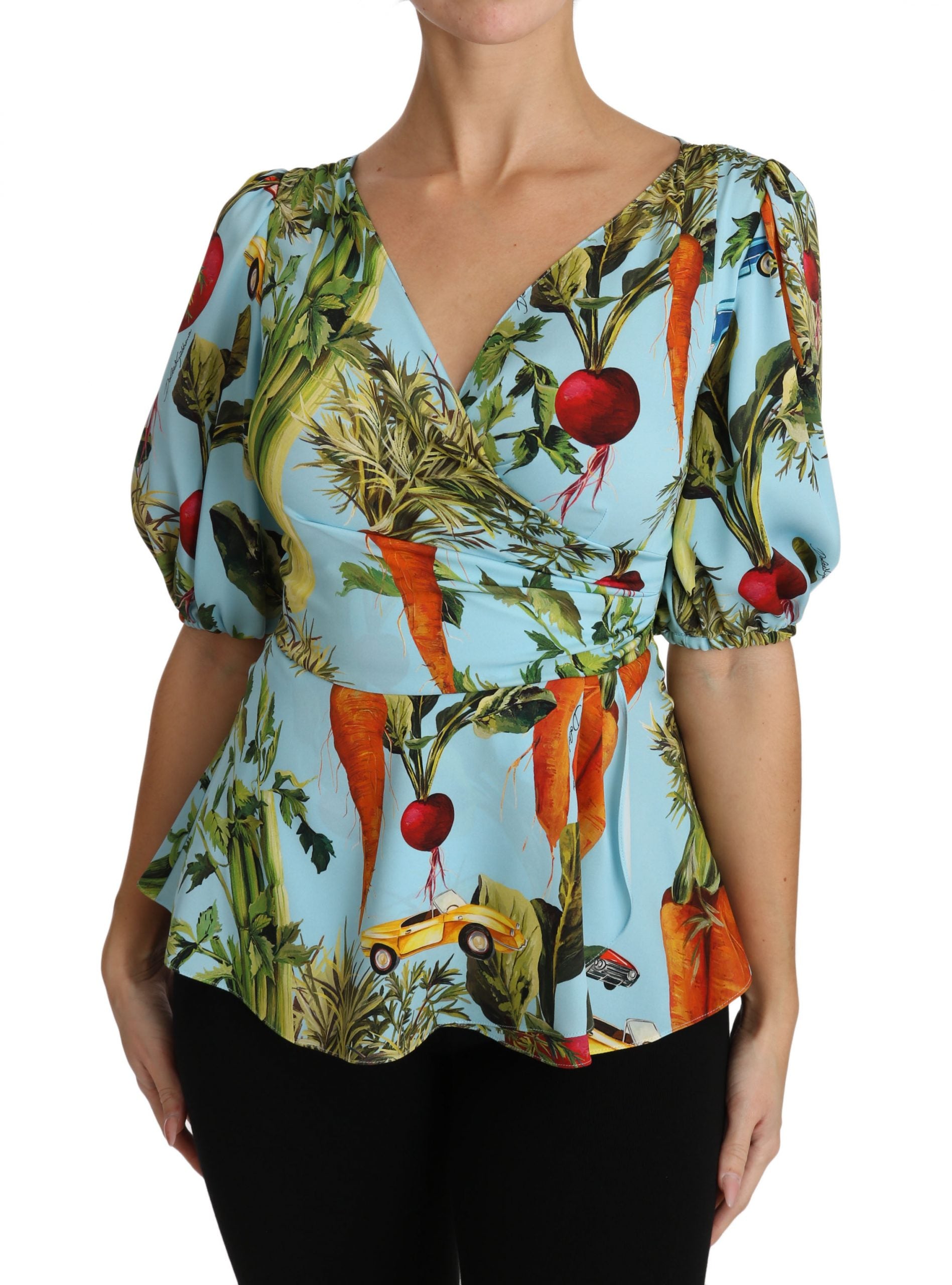 Chemisier cache-cœur peplum en soie imprimé légumes multicolores Dolce & Gabbana