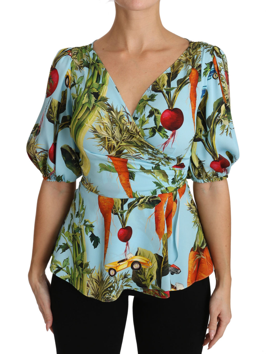 Chemisier cache-cœur peplum en soie imprimé légumes multicolores Dolce & Gabbana