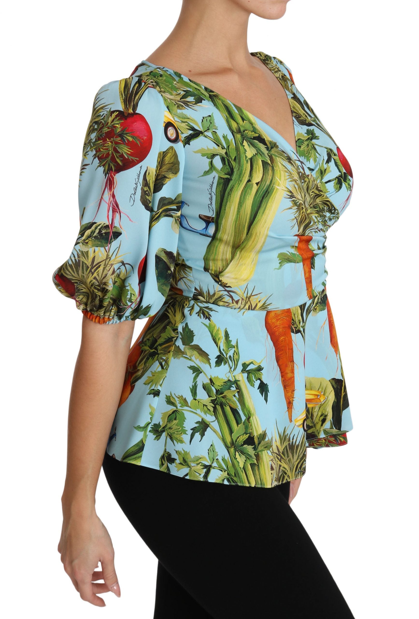 Chemisier cache-cœur peplum en soie imprimé légumes multicolores Dolce & Gabbana