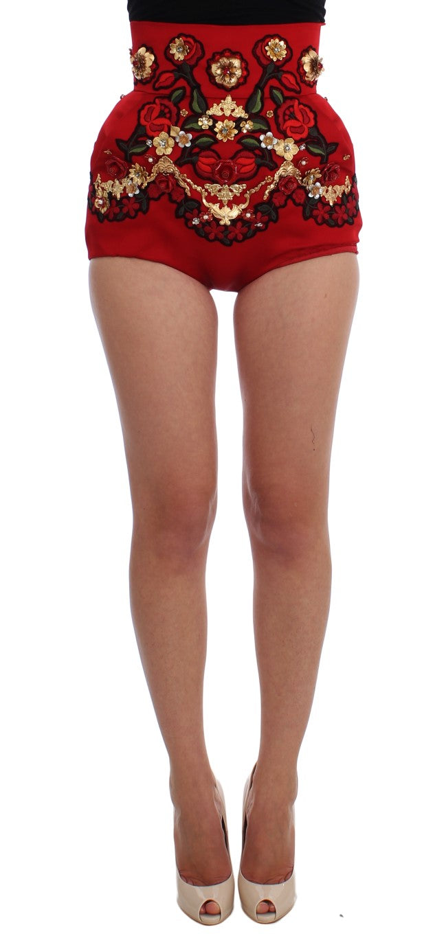 Short en soie rouge Dolce & Gabbana avec roses en cristal