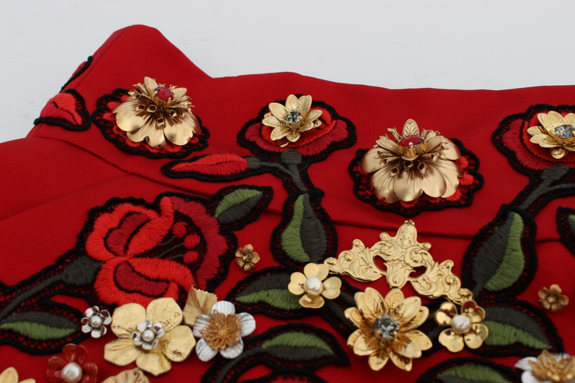 Short en soie rouge Dolce & Gabbana avec roses en cristal