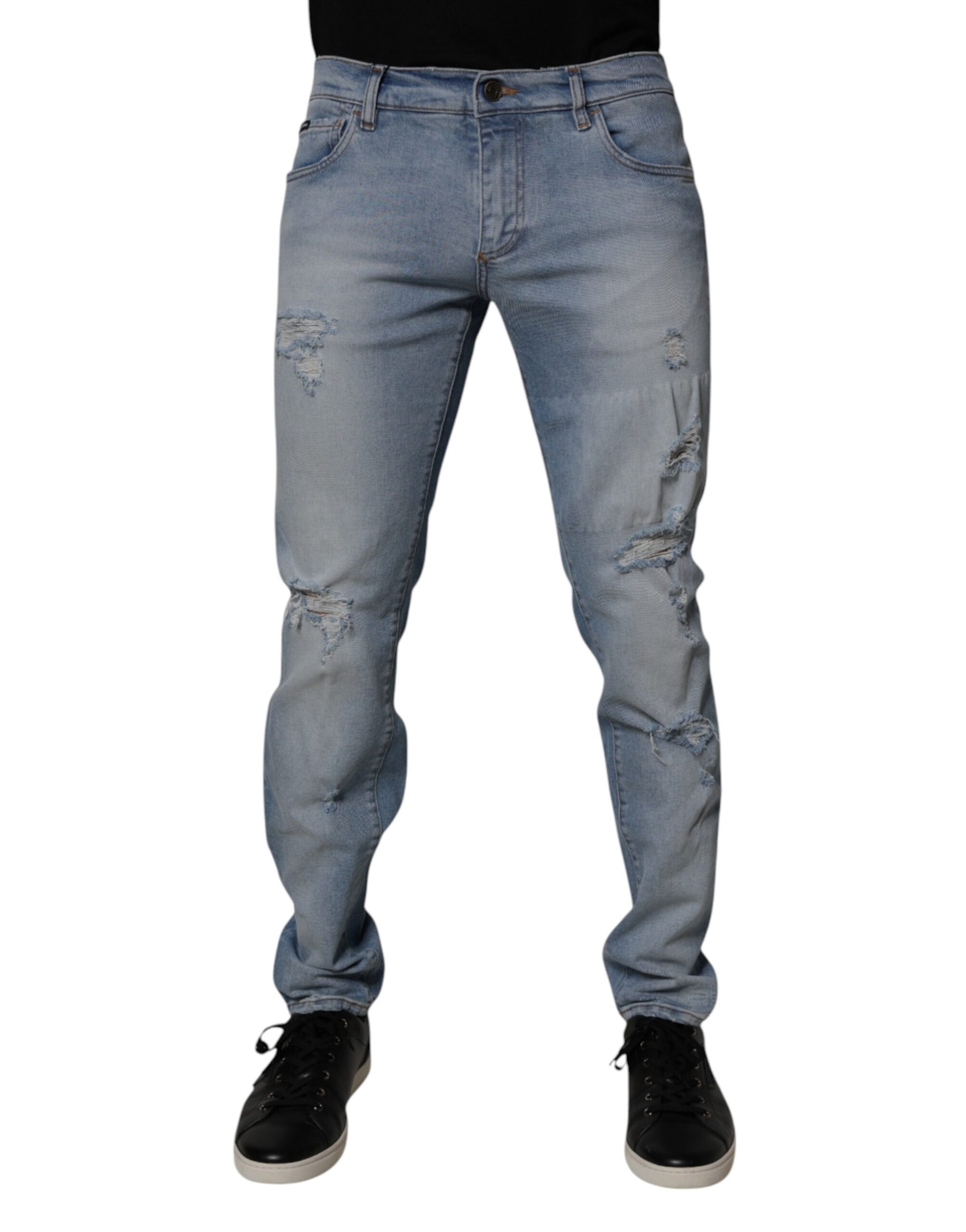 Jeans slim en denim de coton déchiré bleu Dolce & Gabbana pour homme