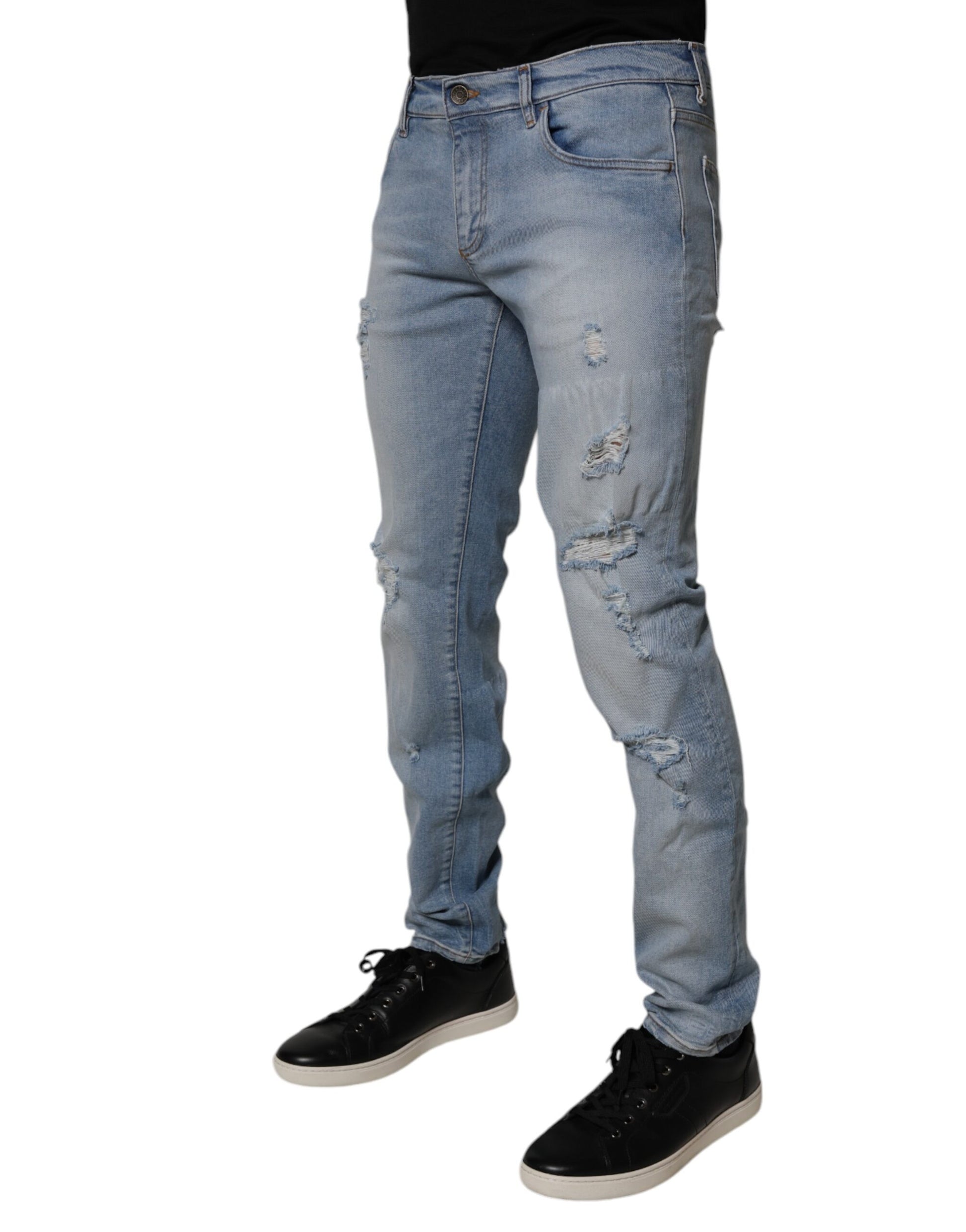 Jeans slim en denim de coton déchiré bleu Dolce & Gabbana pour homme