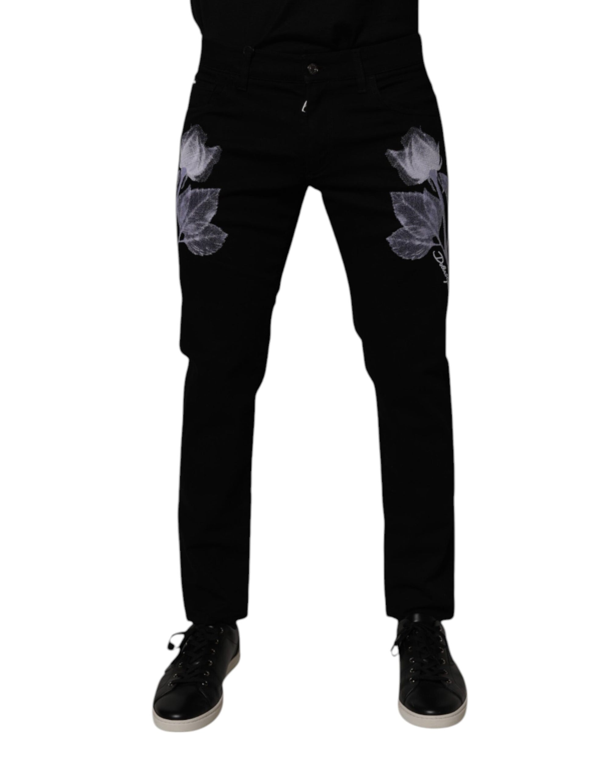 Dolce & Gabbana Jean Slim Homme en Coton Noir Imprimé Fleuri