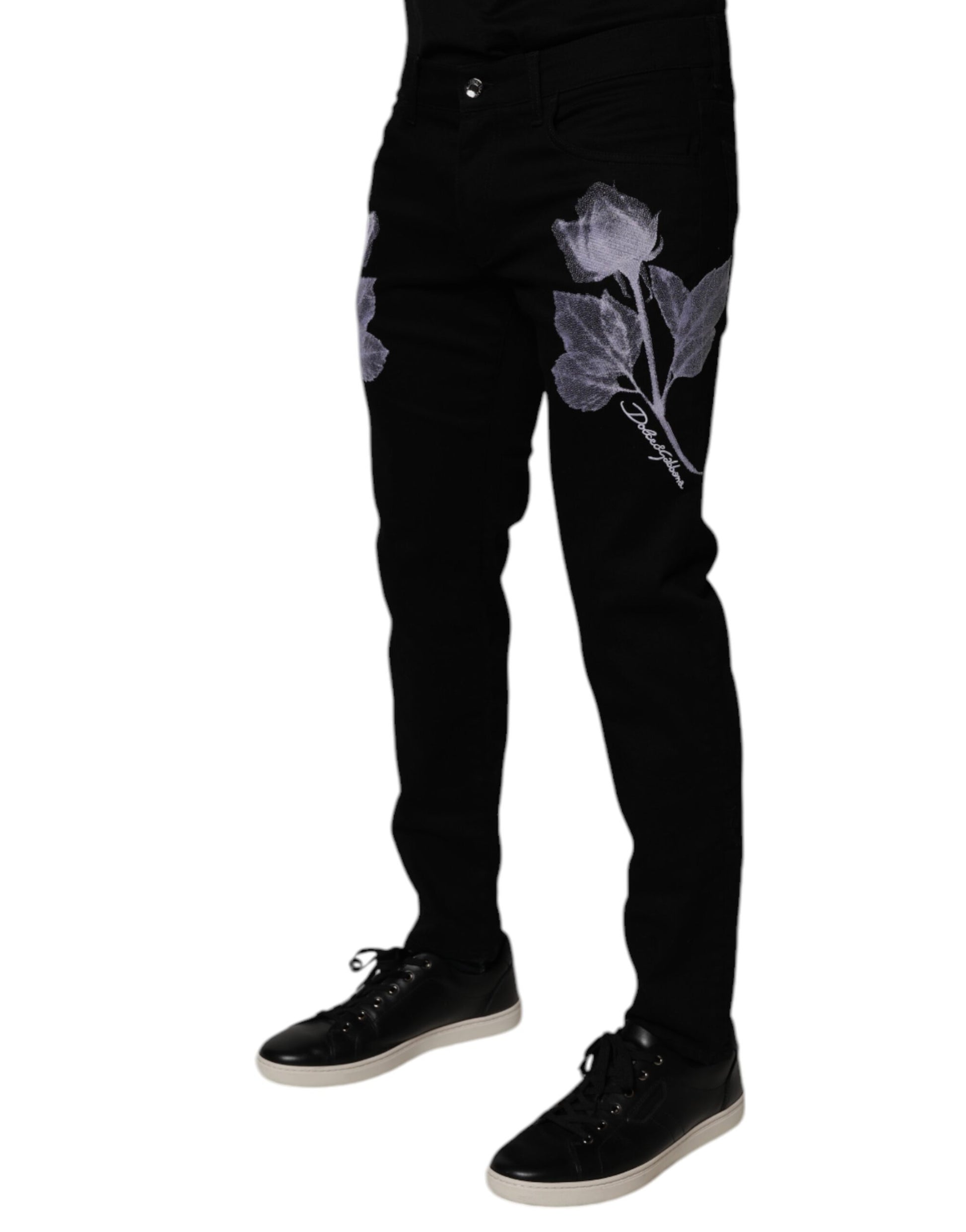 Dolce & Gabbana Jean Slim Homme en Coton Noir Imprimé Fleuri