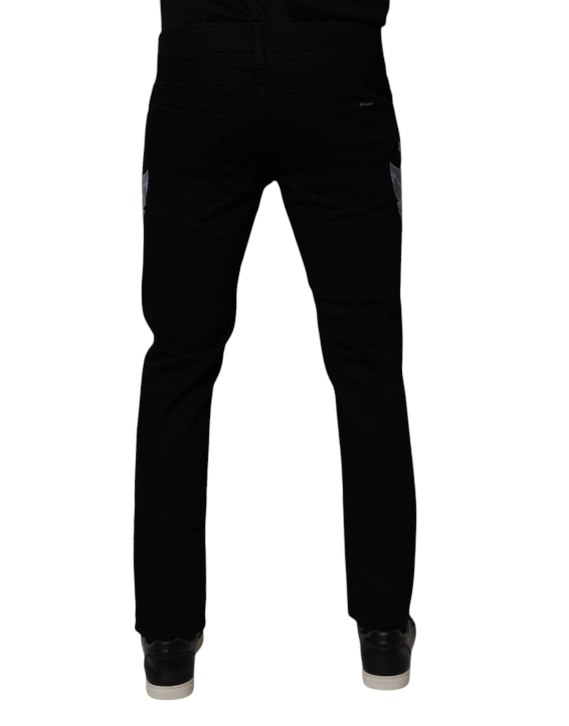 Dolce & Gabbana Jean Slim Homme en Coton Noir Imprimé Fleuri