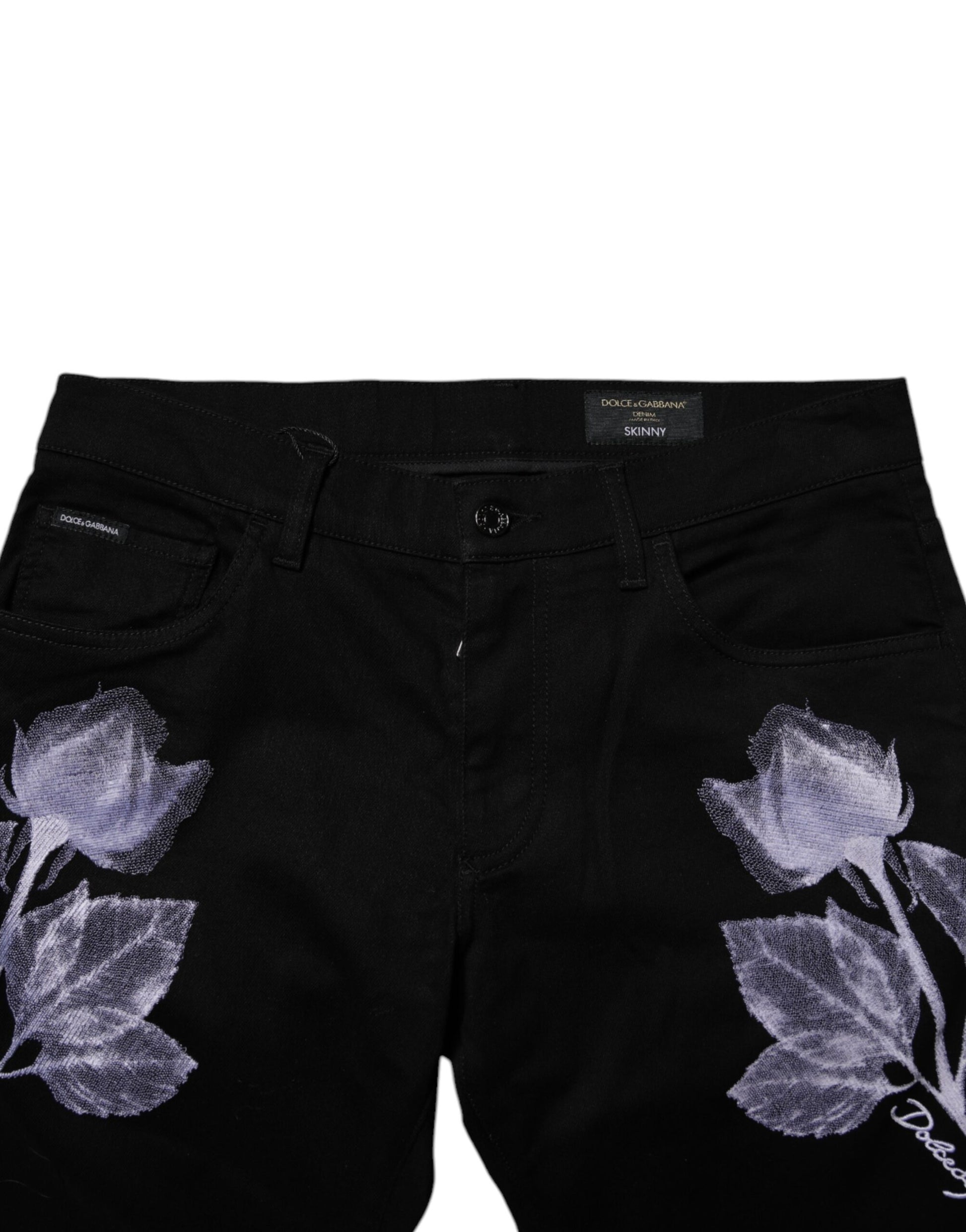 Dolce & Gabbana Jean Slim Homme en Coton Noir Imprimé Fleuri