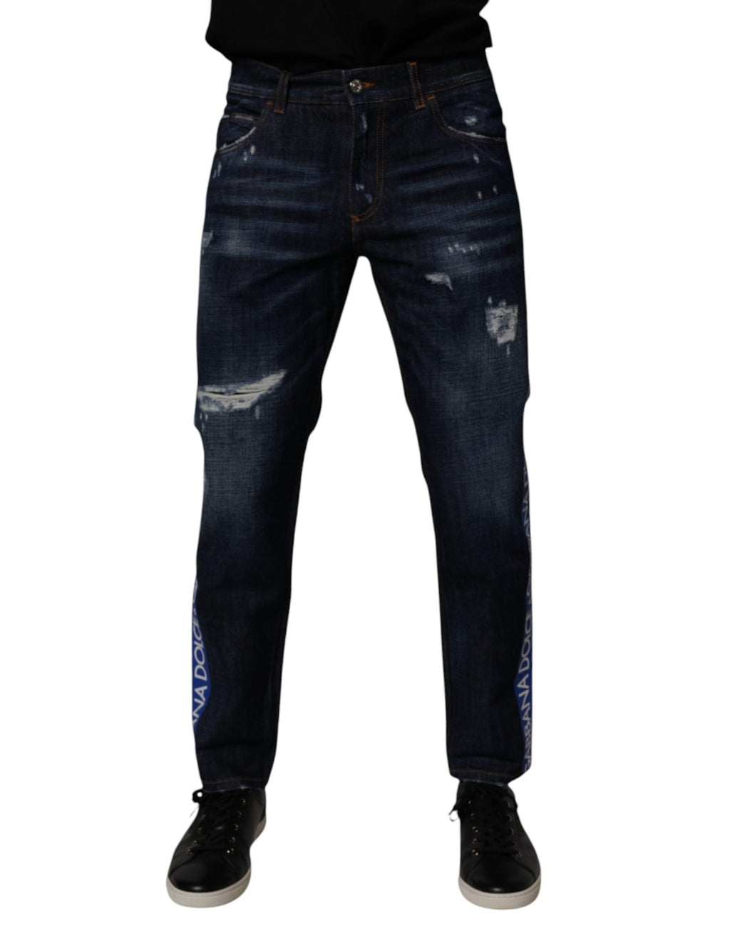 Jean en denim skinny déchiré en coton bleu foncé Dolce & Gabbana
