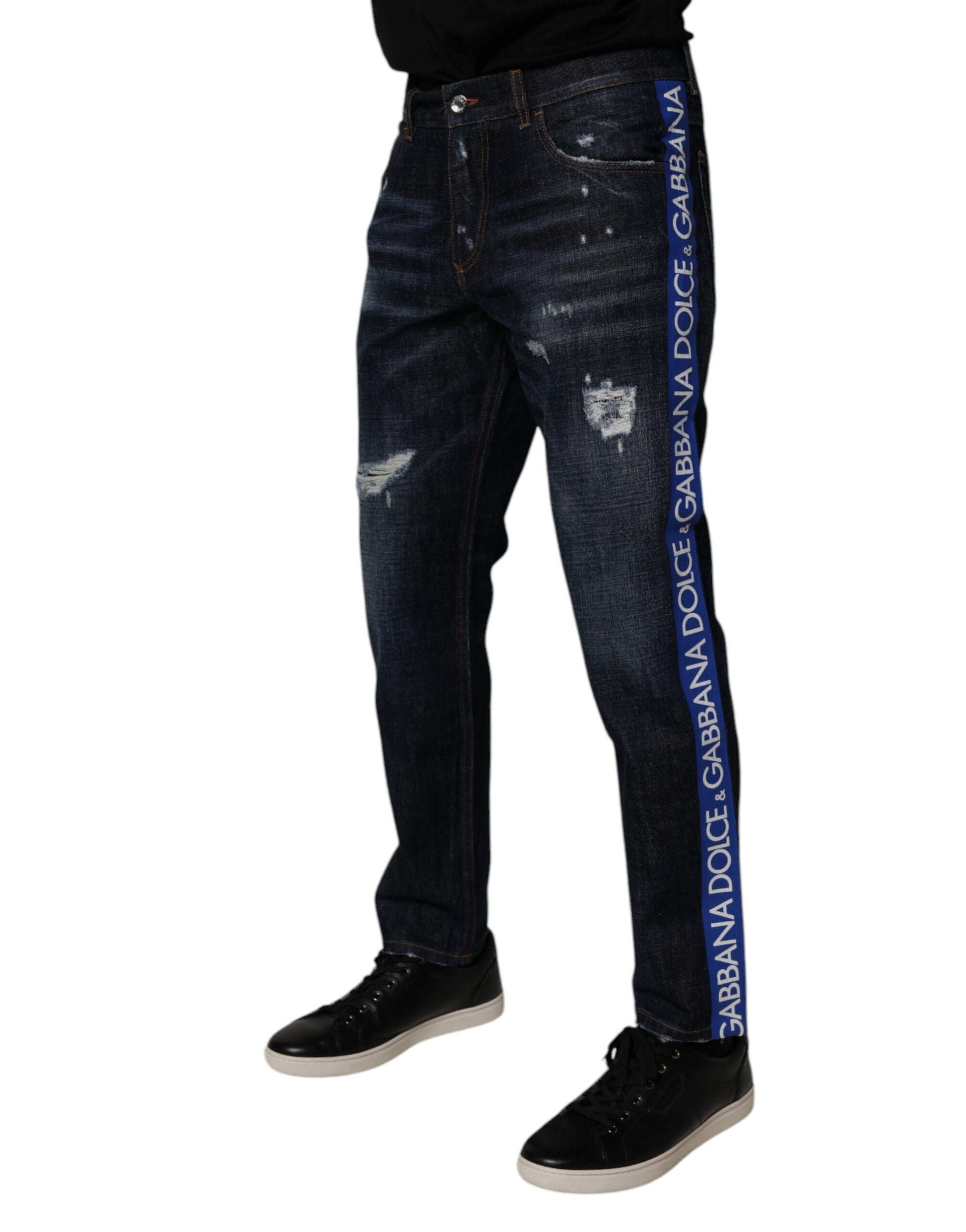 Jean en denim skinny déchiré en coton bleu foncé Dolce & Gabbana
