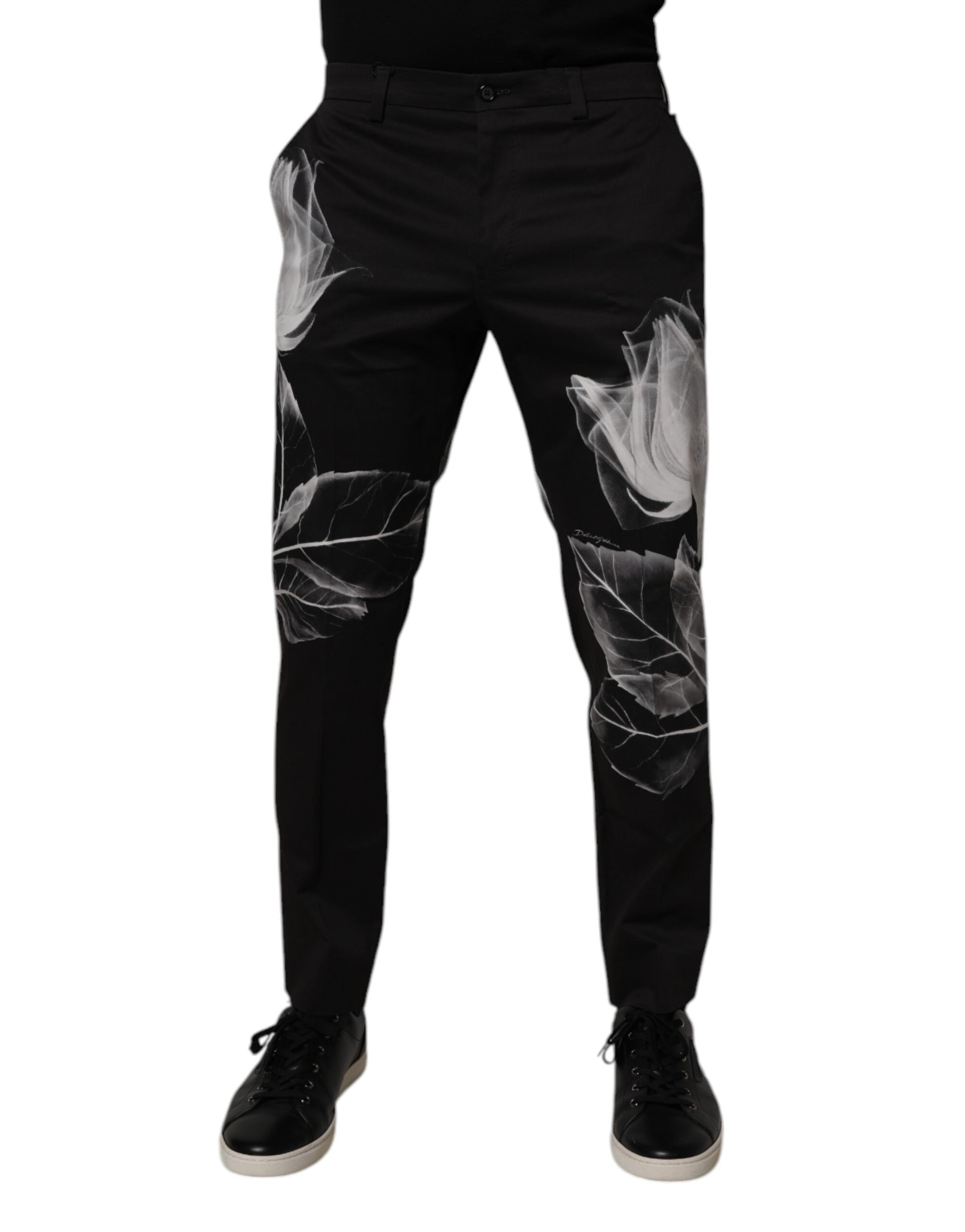Pantalon slim en coton noir à imprimé floral Dolce & Gabbana