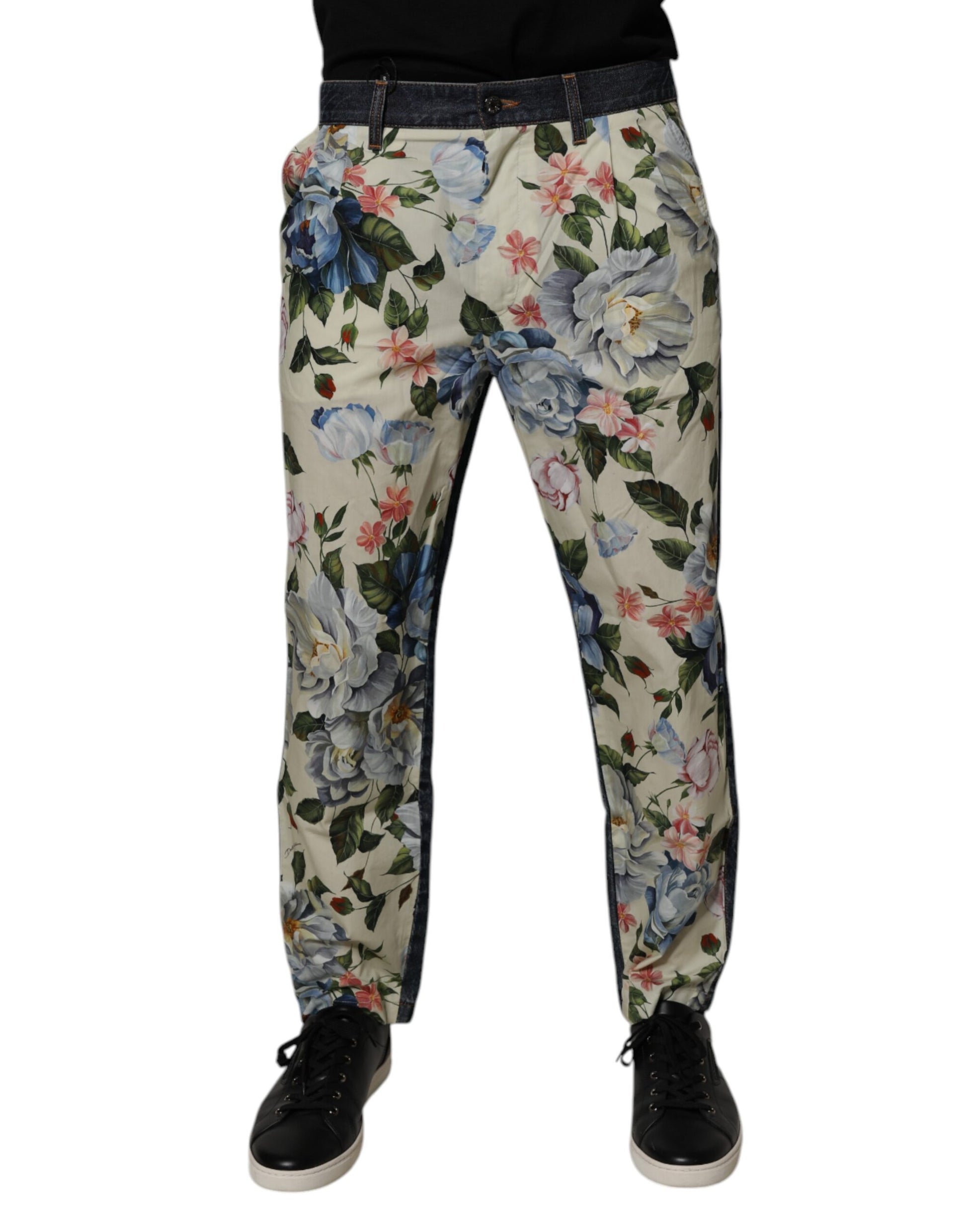 Jean en denim de coton à fleurs beige et bleu Dolce & Gabbana pour homme