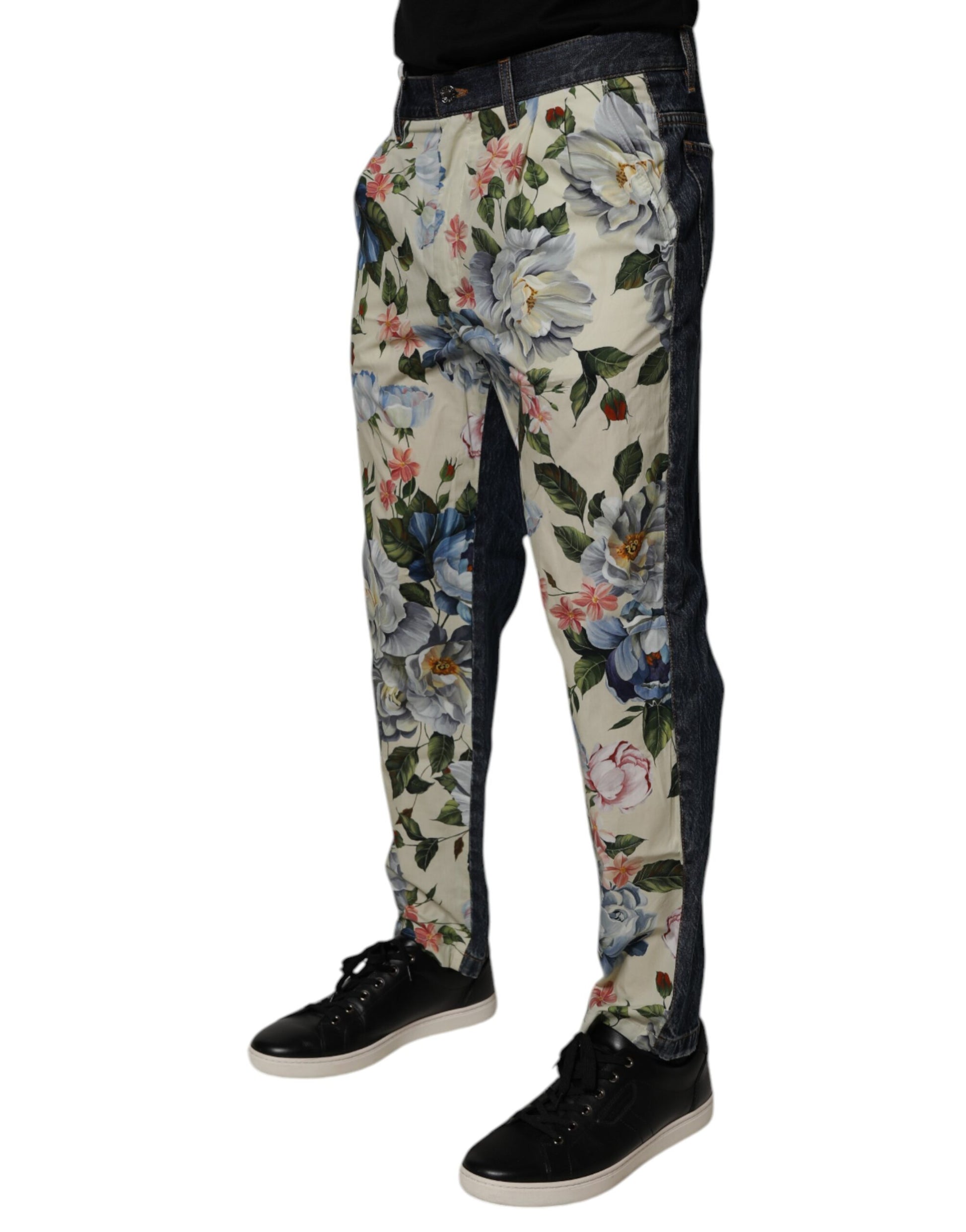Jean en denim de coton à fleurs beige et bleu Dolce & Gabbana pour homme
