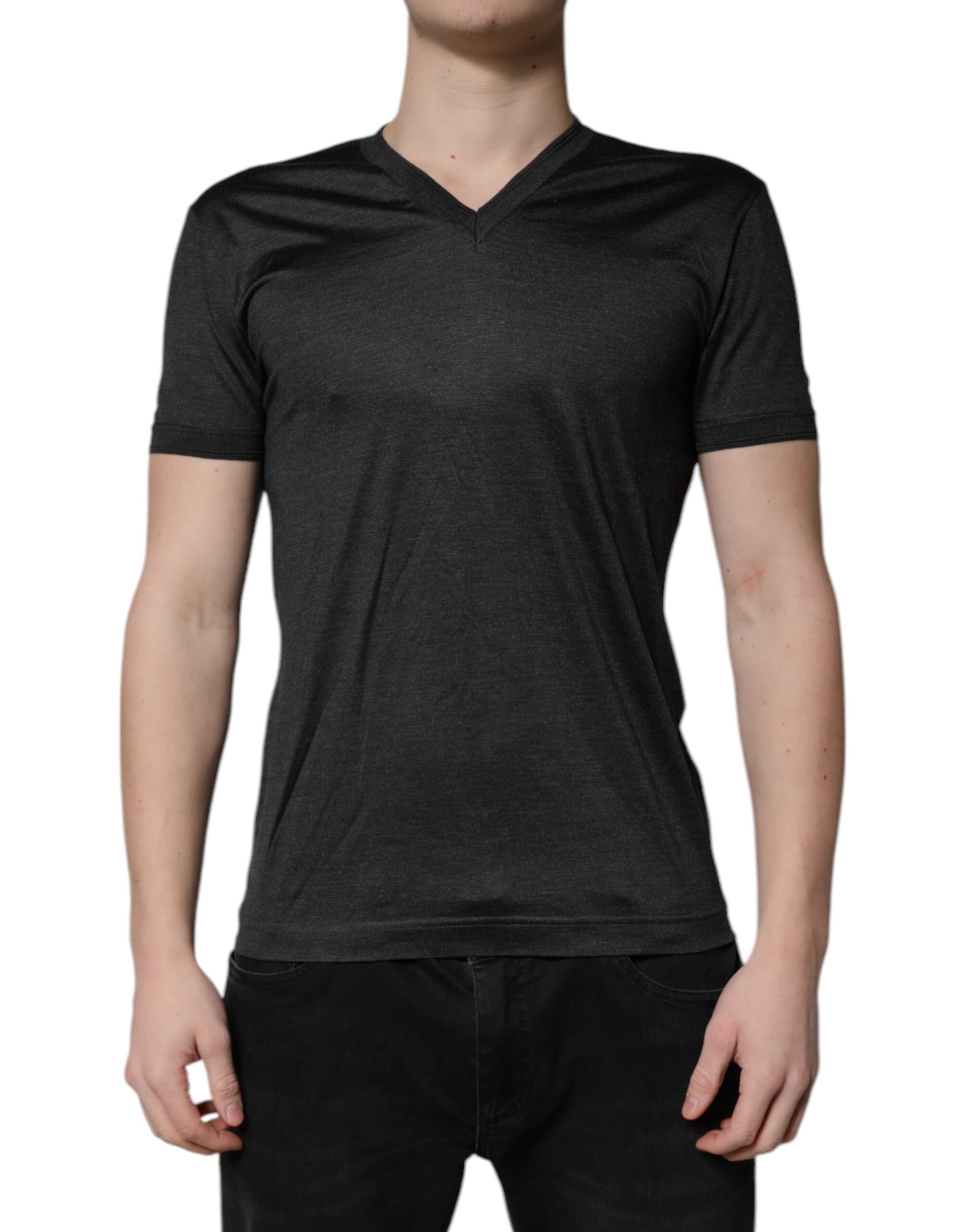 T-shirt Dolce & Gabbana gris foncé en soie à col en V et manches courtes