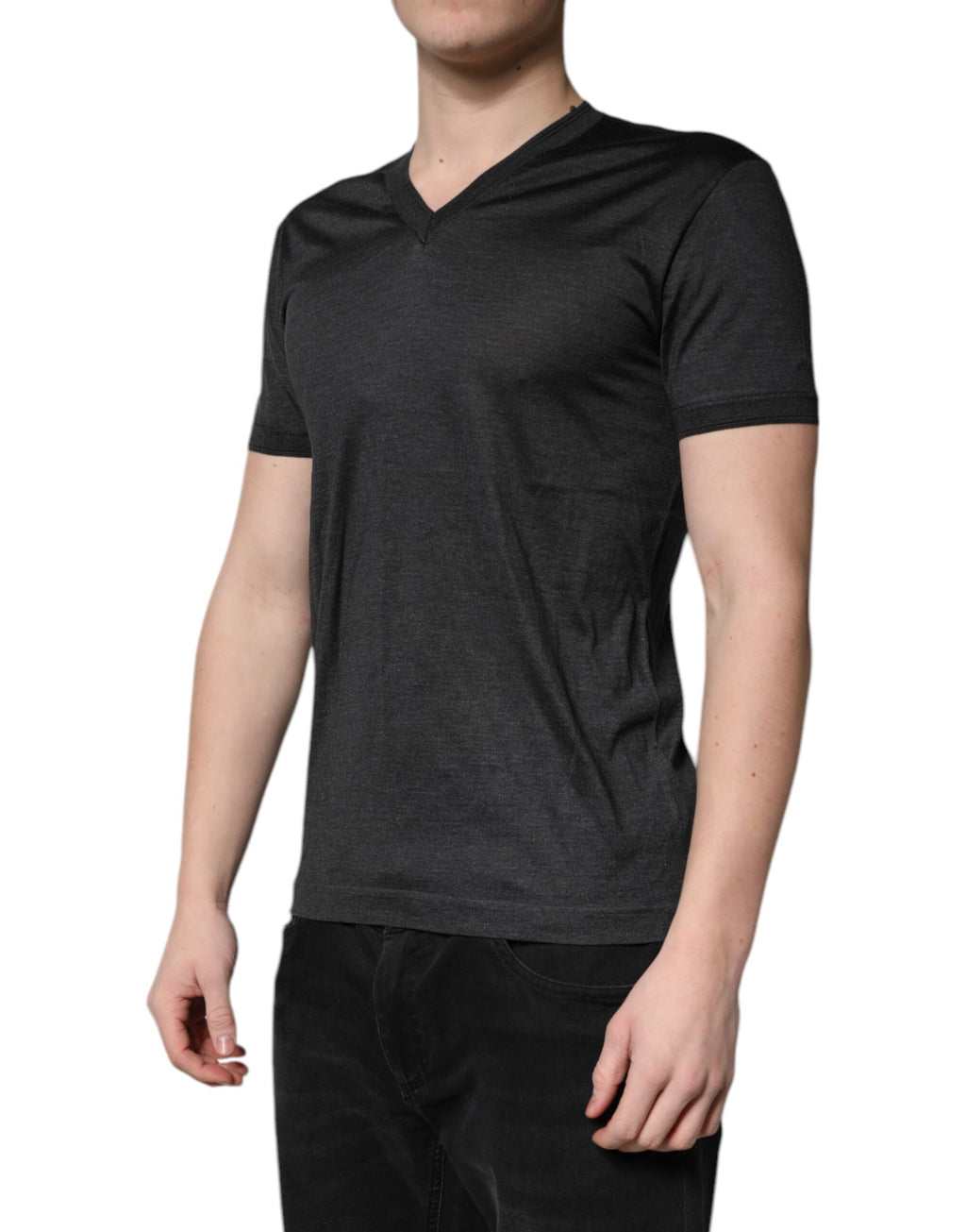 T-shirt Dolce & Gabbana gris foncé en soie à col en V et manches courtes