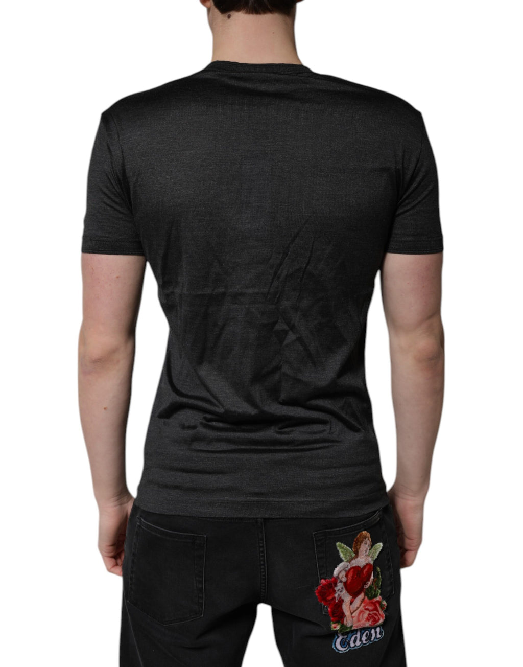 T-shirt Dolce & Gabbana gris foncé en soie à col en V et manches courtes