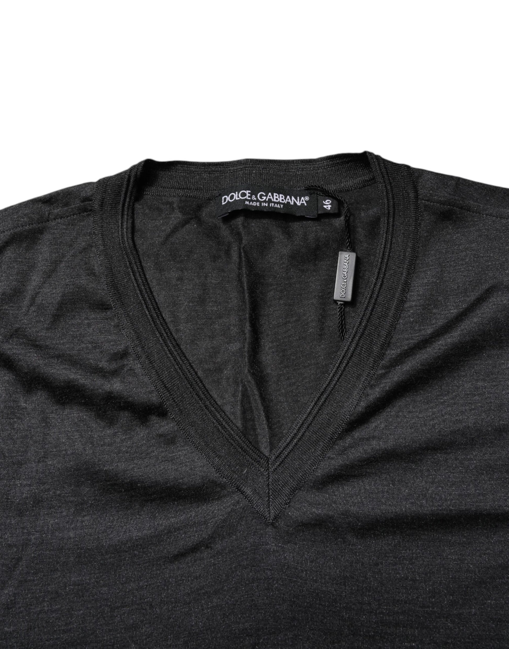 T-shirt Dolce & Gabbana gris foncé en soie à col en V et manches courtes