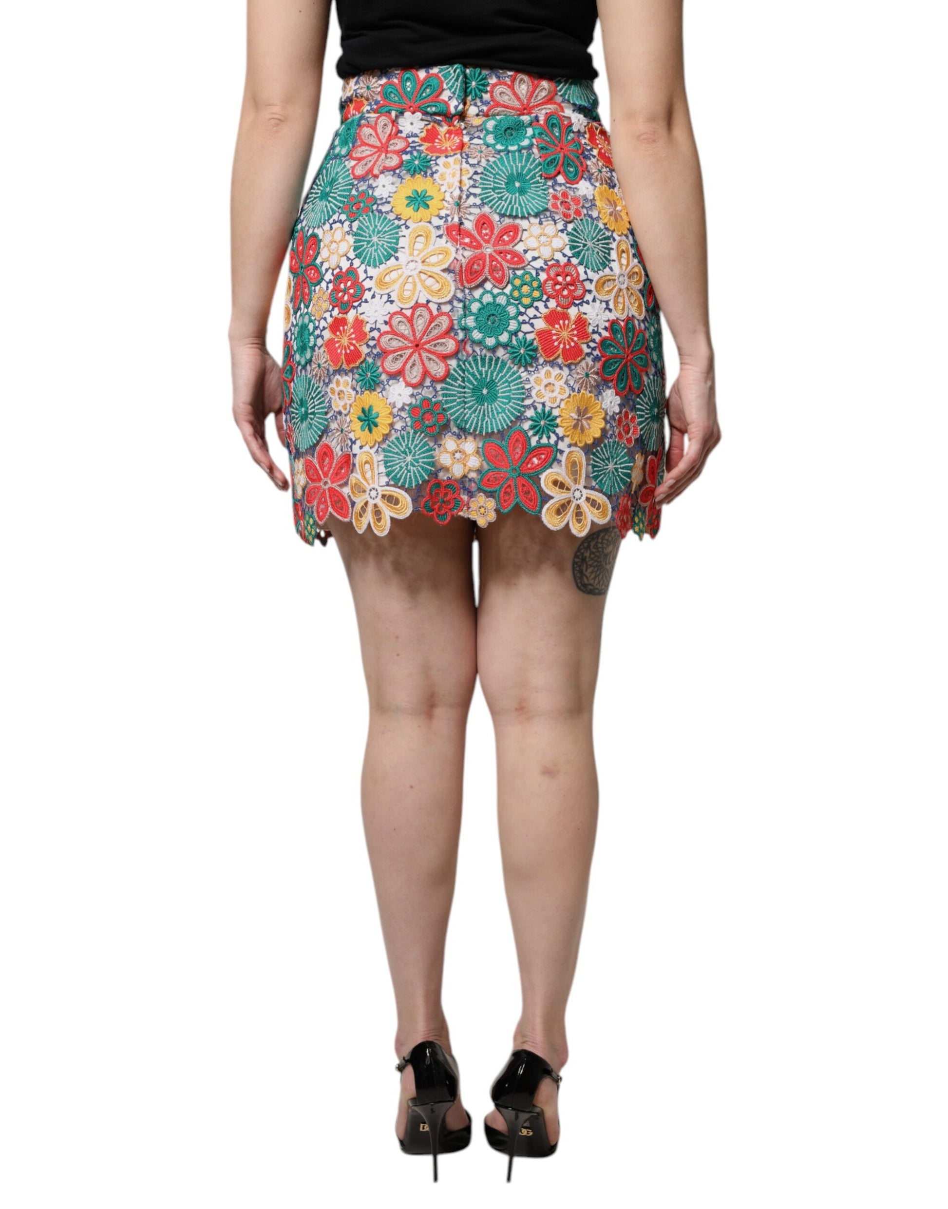 Mini-jupe taille haute en dentelle florale multicolore Dolce & Gabbana