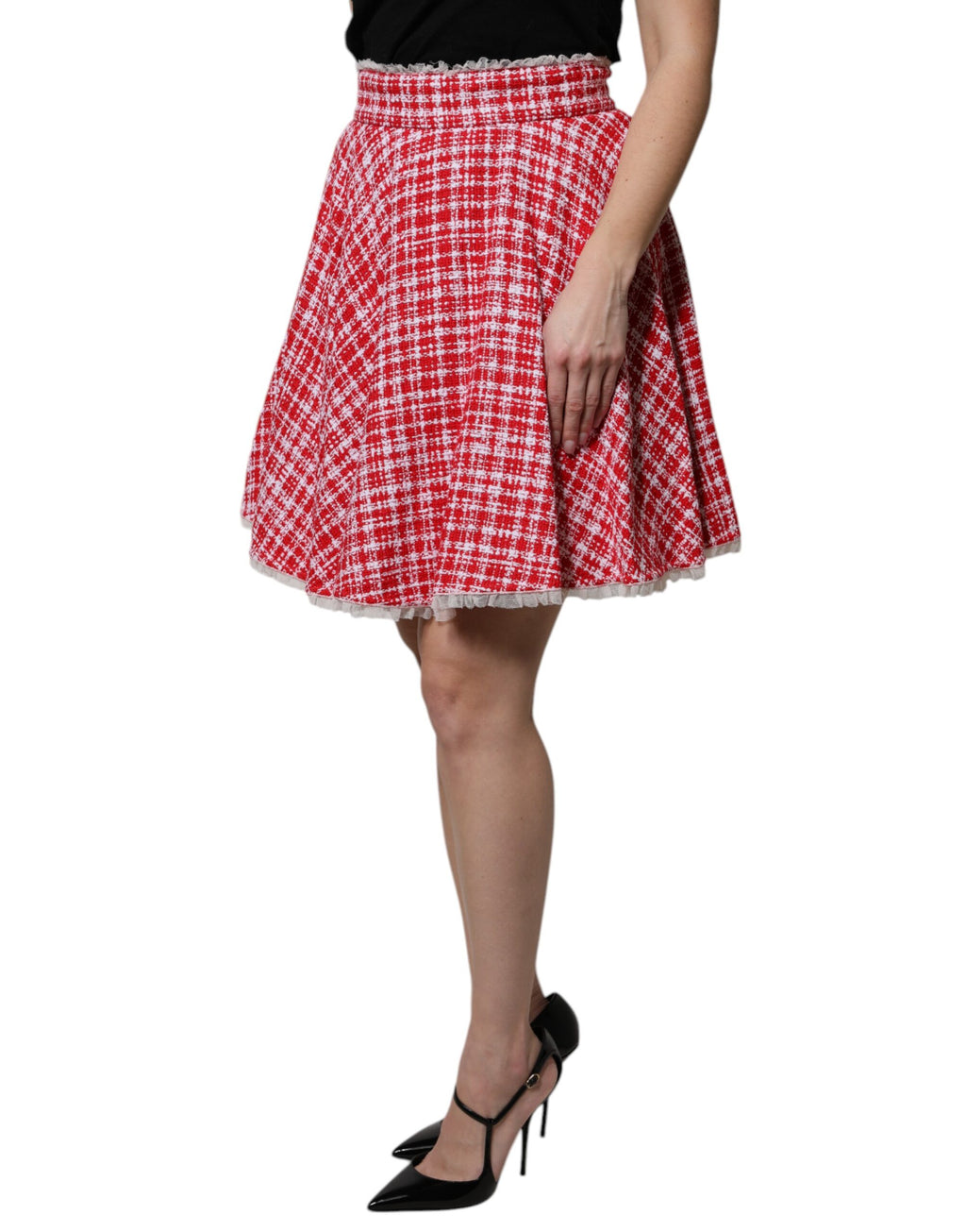 Dolce & Gabbana Red White High Waist A-line Above Knee Skirt