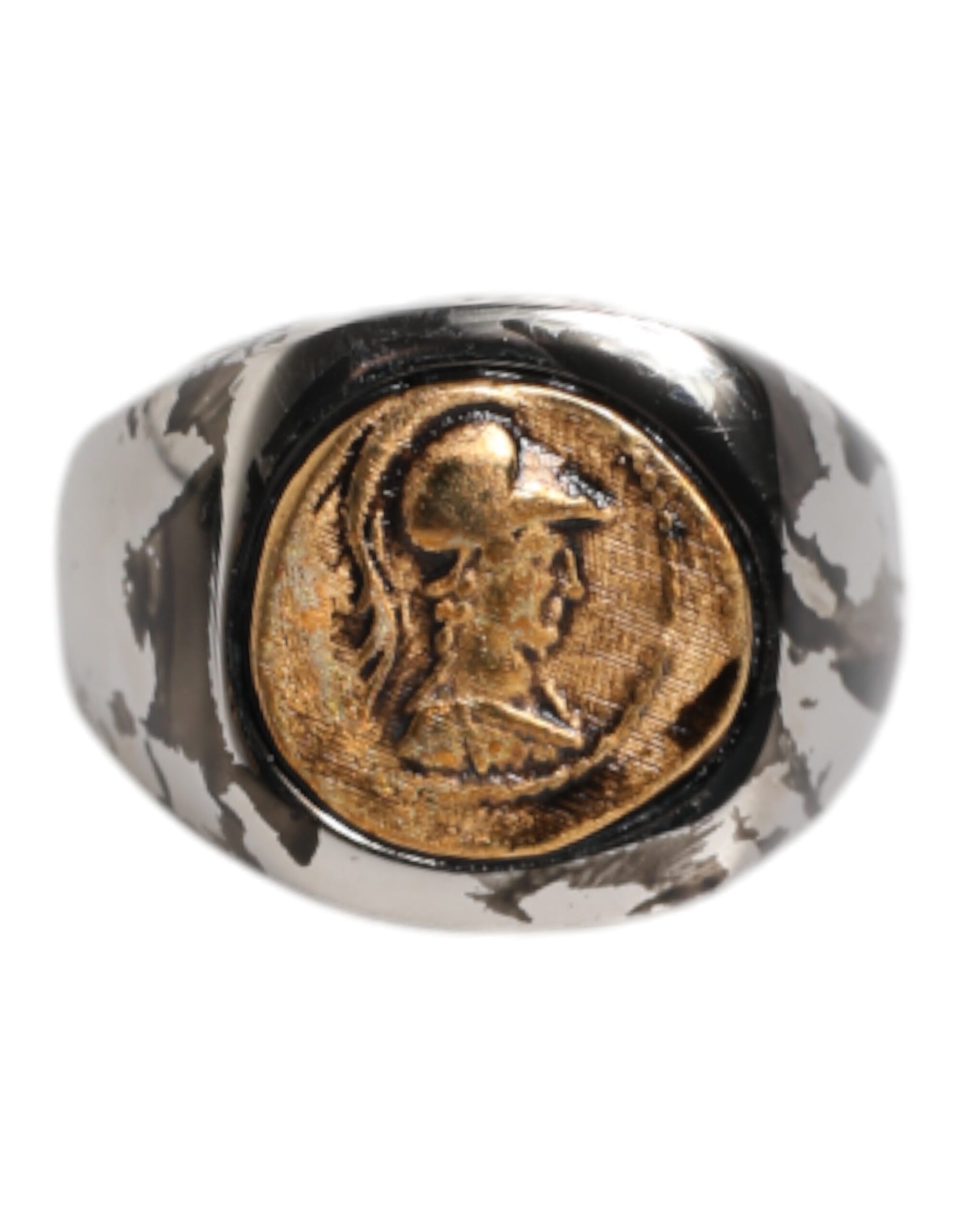 Dolce &amp; Gabbana Silberfarbener, zweifarbiger Ring aus echtem Messing mit Gravur
