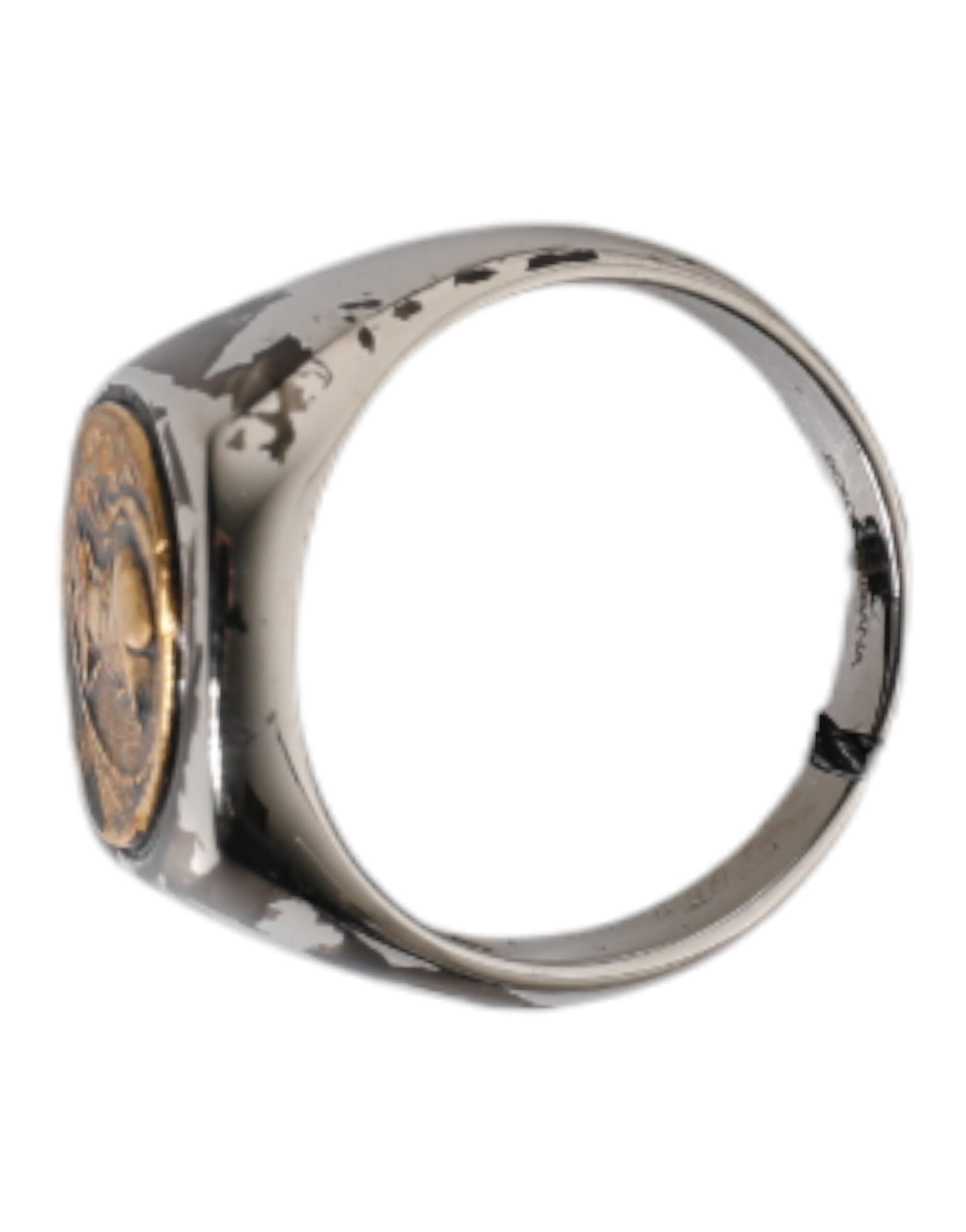 Dolce &amp; Gabbana Silberfarbener, zweifarbiger Ring aus echtem Messing mit Gravur