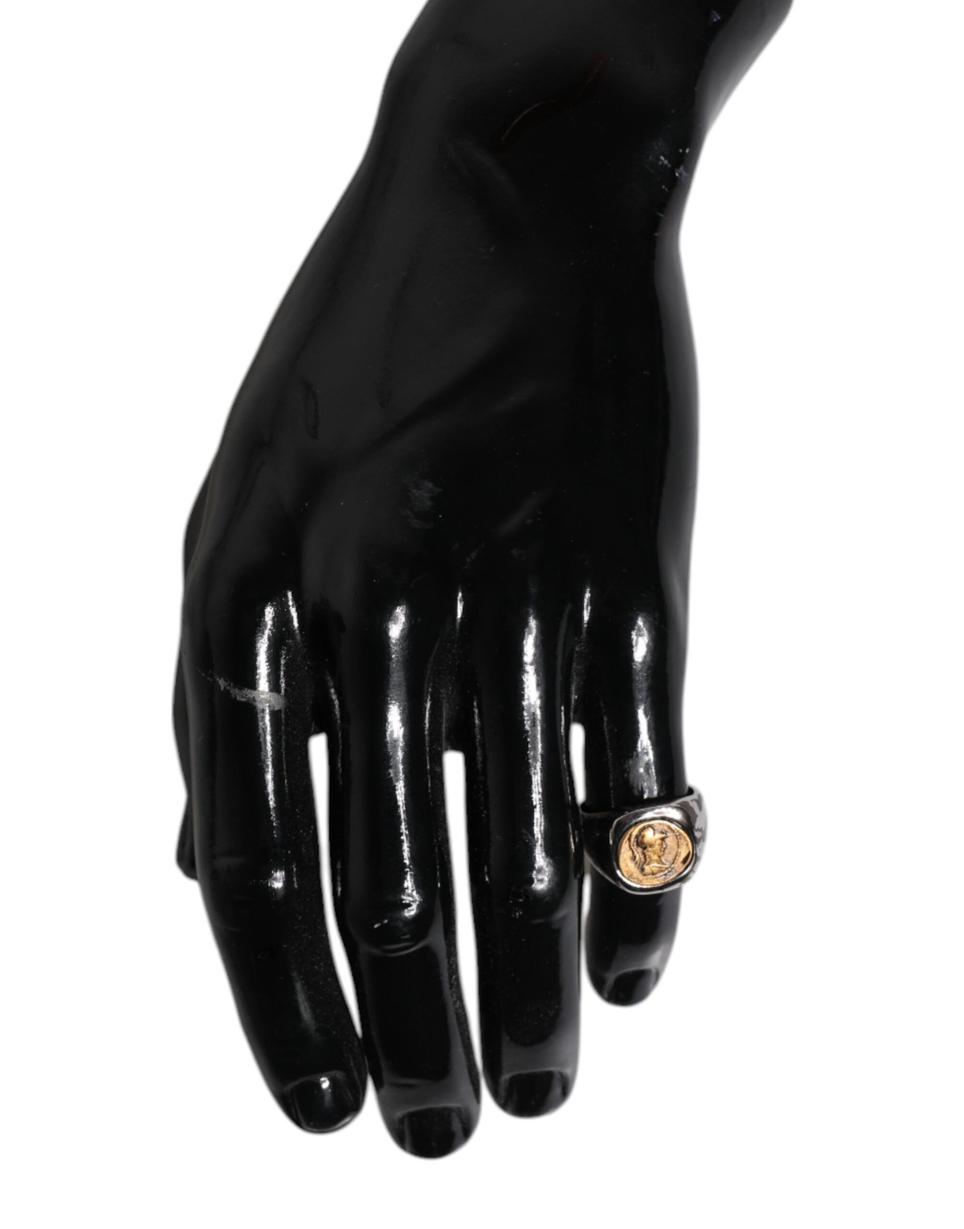 Dolce &amp; Gabbana Silberfarbener, zweifarbiger Ring aus echtem Messing mit Gravur
