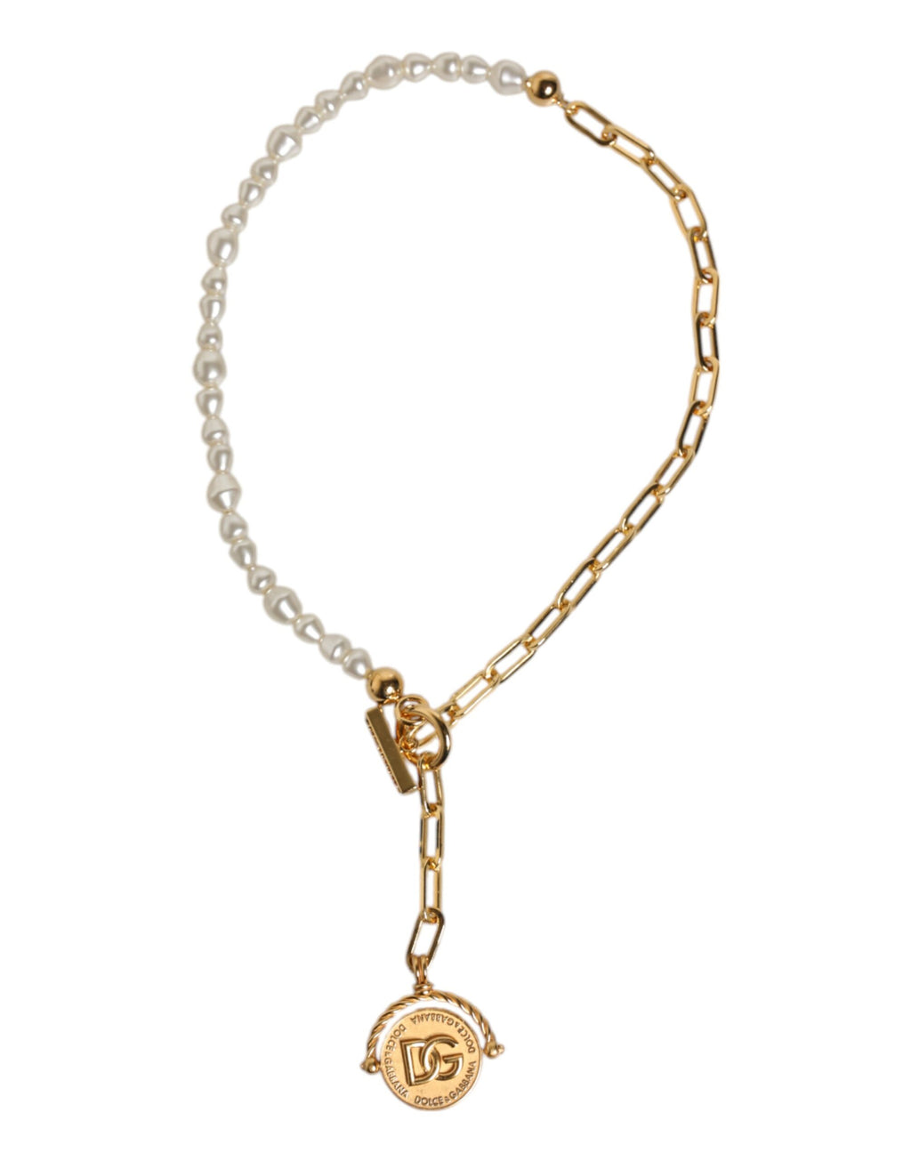 Dolce &amp; Gabbana Halskette mit Logo-Anhänger aus Messing mit goldener Kette und Kunstperlen