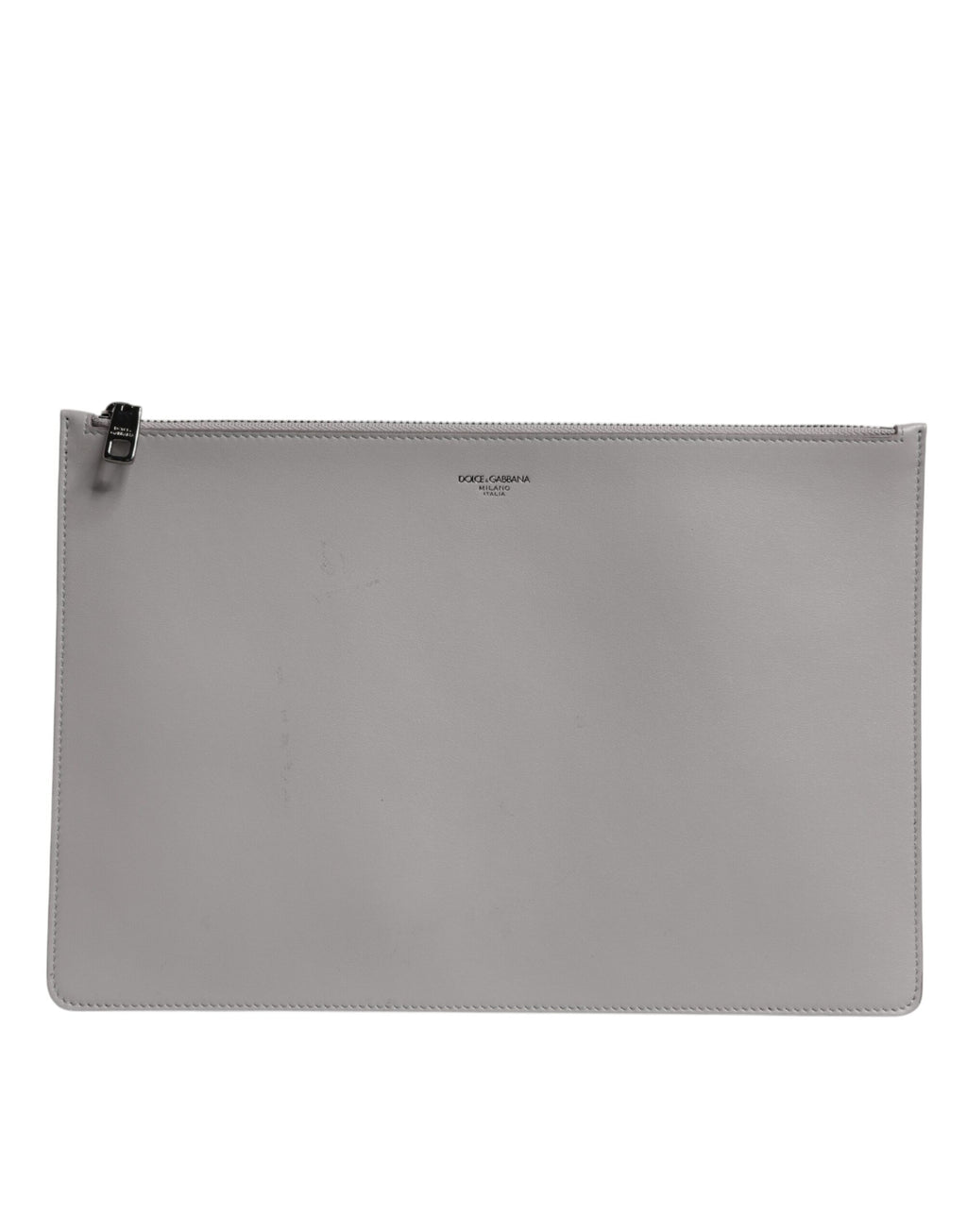 Dolce & Gabbana Pochette Homme en Cuir Gris Uni avec Logo DG et Fermeture Éclair