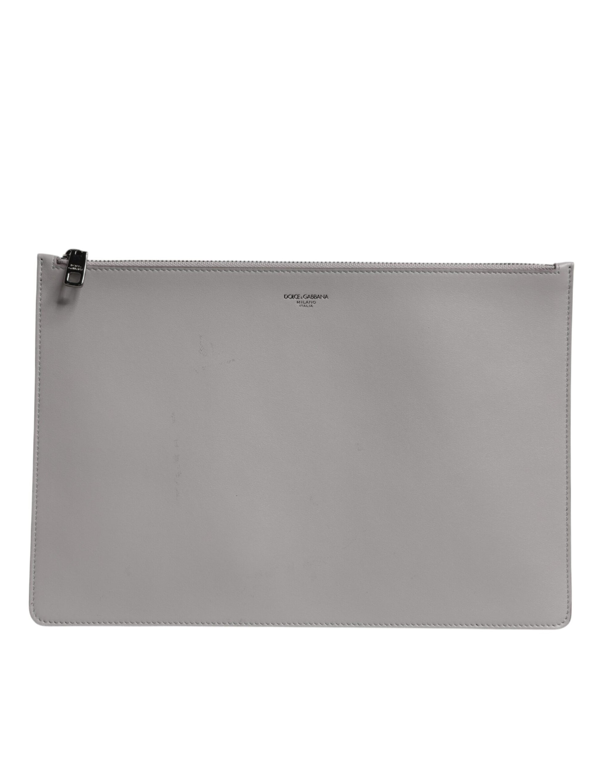 Dolce & Gabbana Pochette Homme en Cuir Gris Uni avec Logo DG et Fermeture Éclair