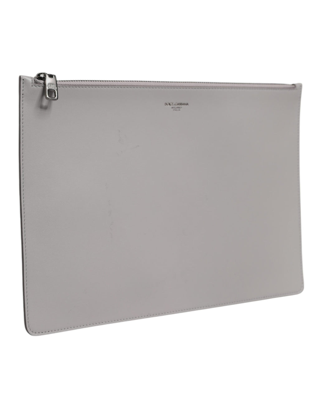Dolce & Gabbana Pochette Homme en Cuir Gris Uni avec Logo DG et Fermeture Éclair