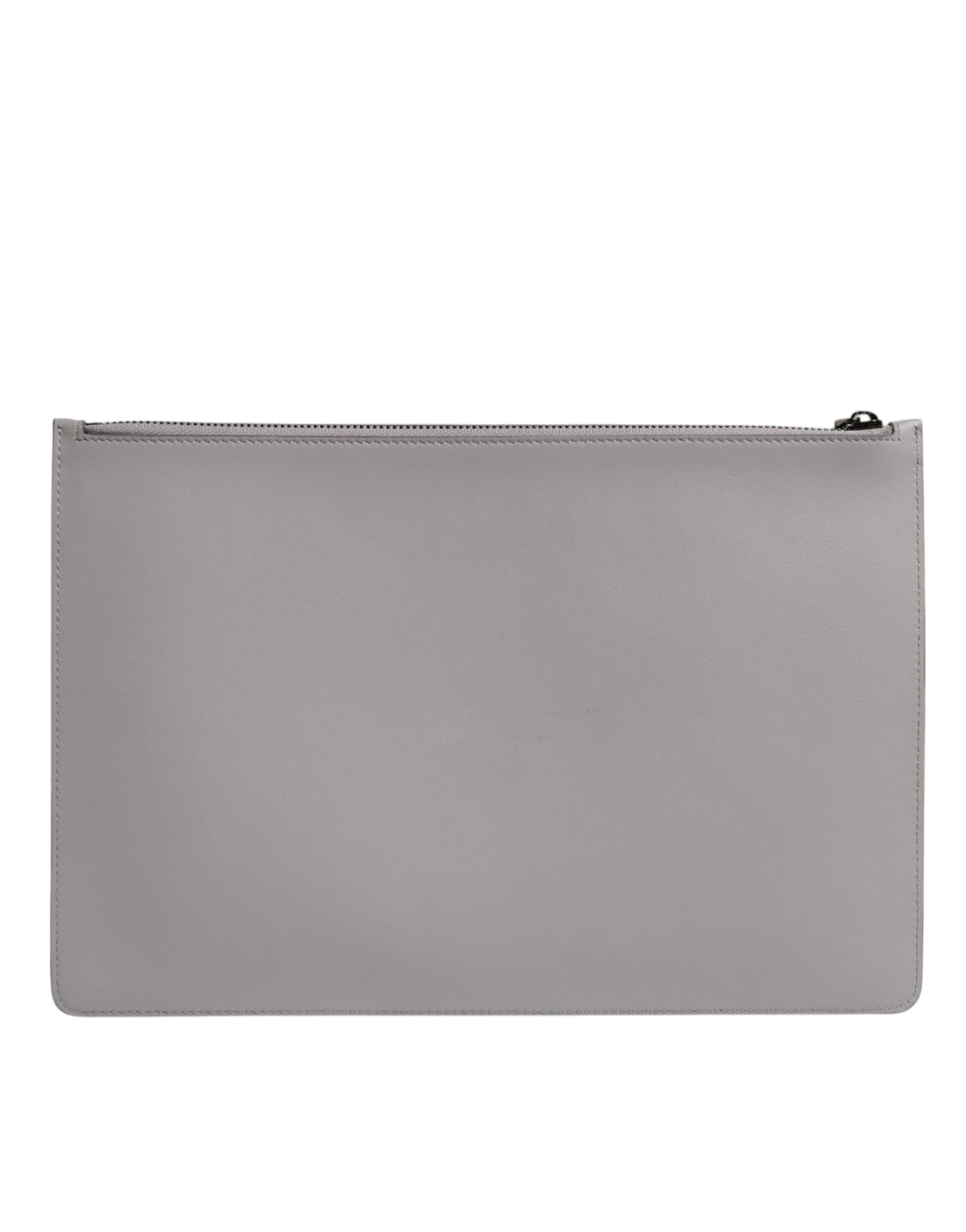 Dolce & Gabbana Pochette Homme en Cuir Gris Uni avec Logo DG et Fermeture Éclair