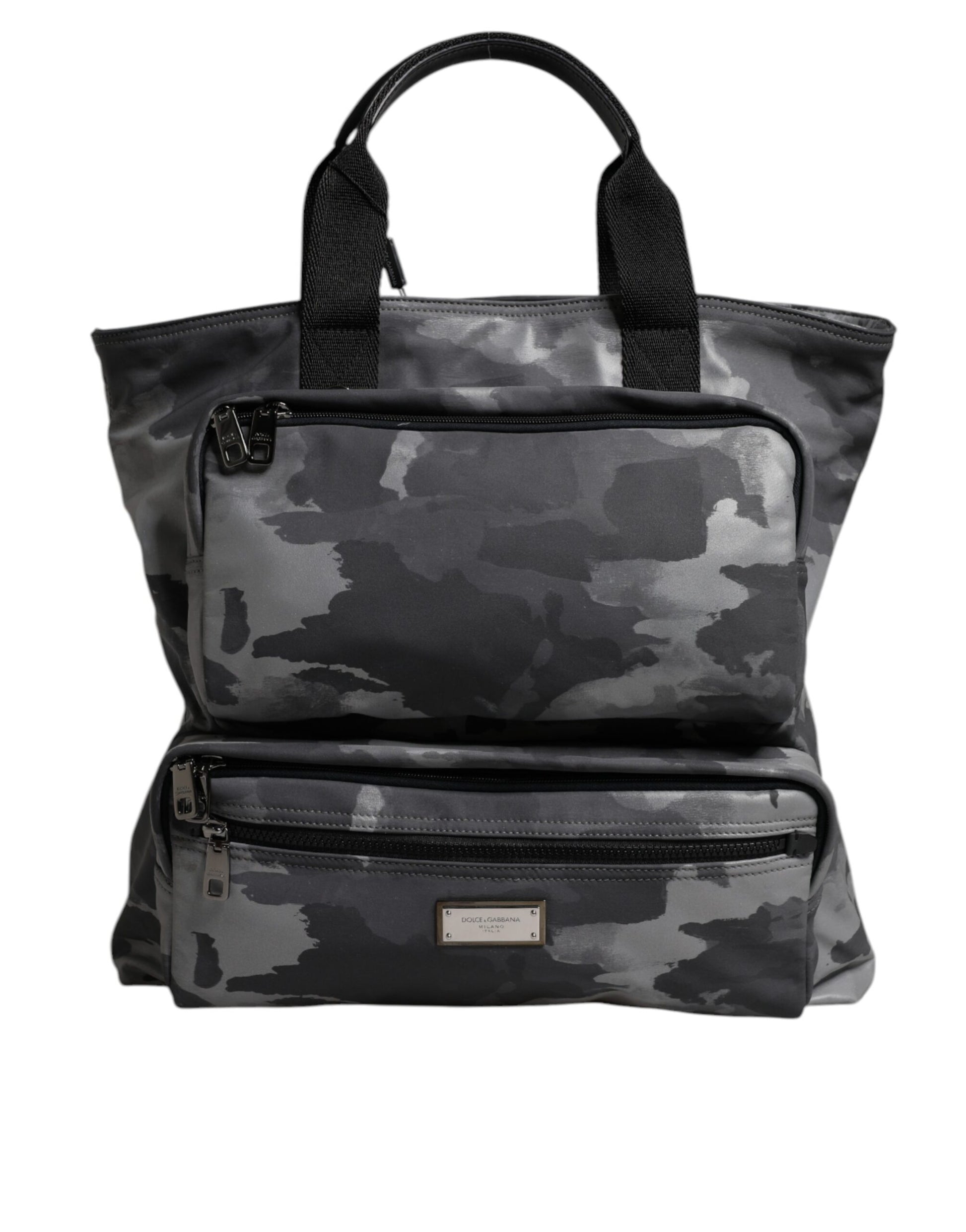 Dolce &amp; Gabbana – Tragetasche aus Baumwolle mit mehreren Fächern in Grau mit Camouflage-Muster
