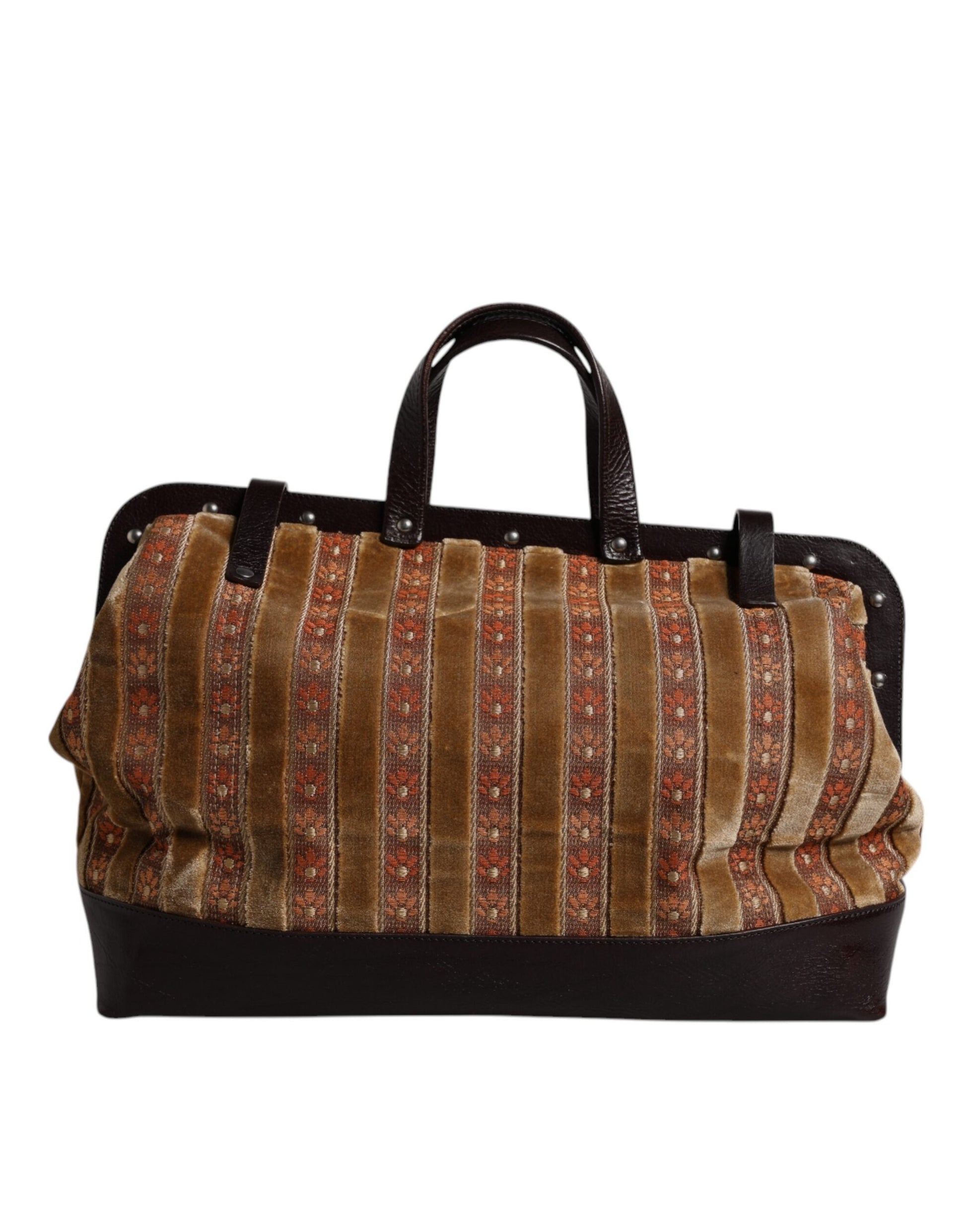 Dolce &amp; Gabbana Beige Kastanienbraun Samt Leder Jacquard Reise Handtasche Tasche