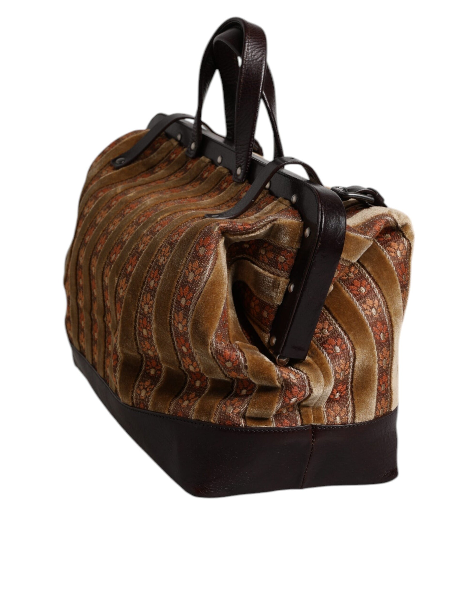 Dolce &amp; Gabbana Beige Kastanienbraun Samt Leder Jacquard Reise Handtasche Tasche
