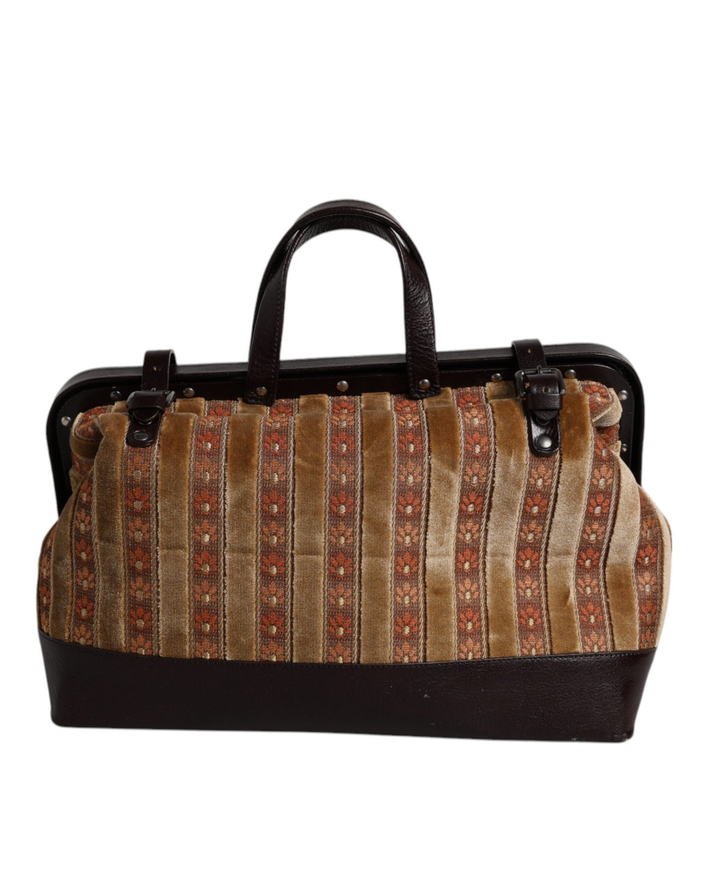 Dolce &amp; Gabbana Beige Kastanienbraun Samt Leder Jacquard Reise Handtasche Tasche