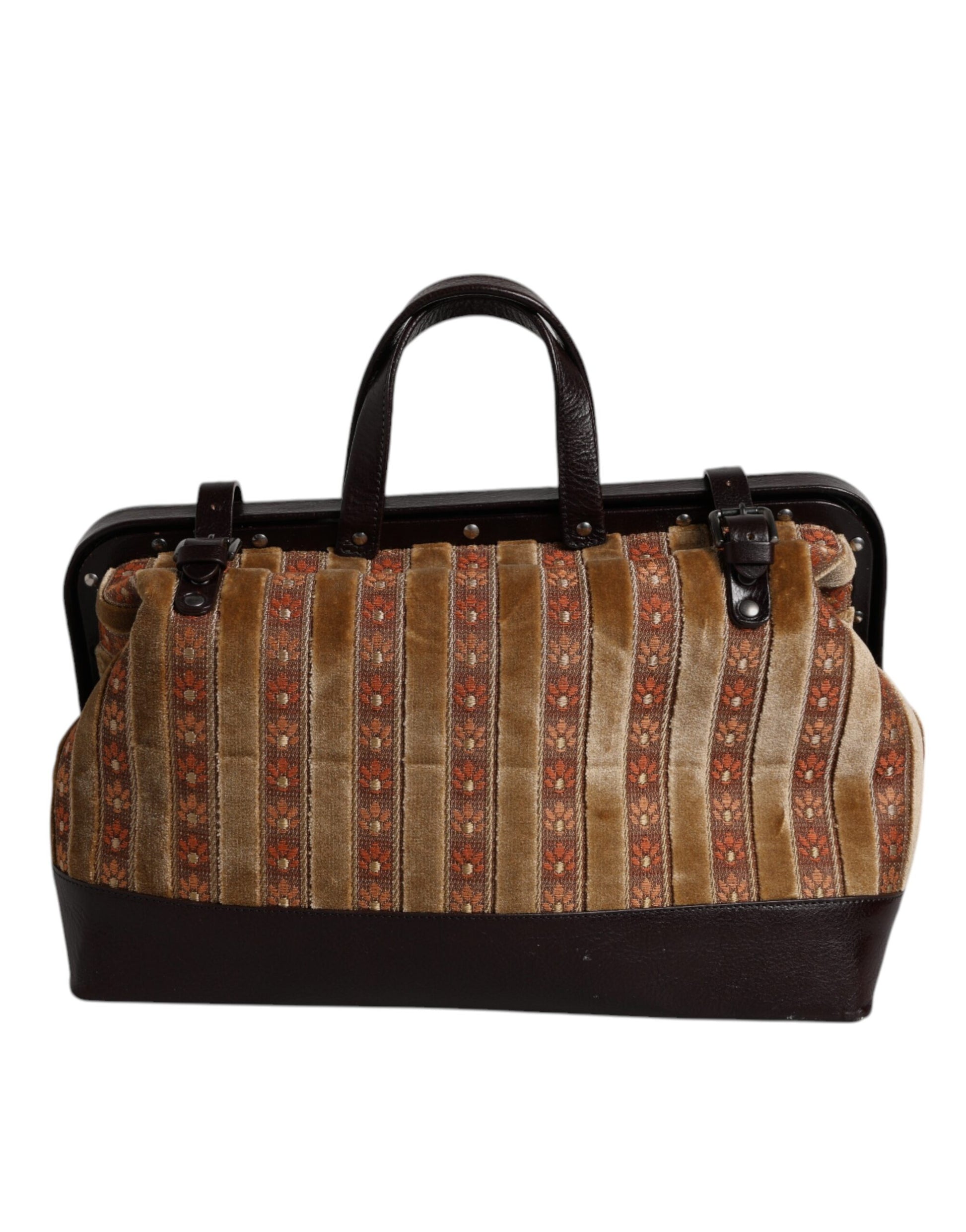 Dolce &amp; Gabbana Beige Kastanienbraun Samt Leder Jacquard Reise Handtasche Tasche
