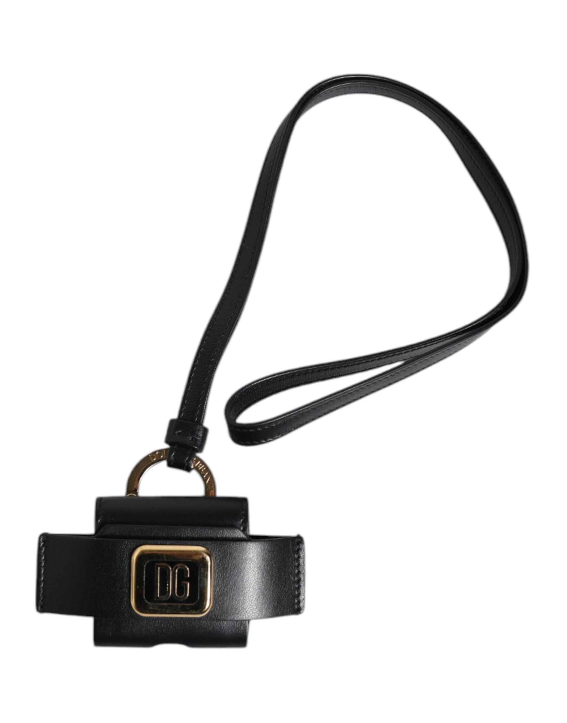 Étui AirPods Dolce & Gabbana en Cuir Noir avec Plaque Logo Métal Doré