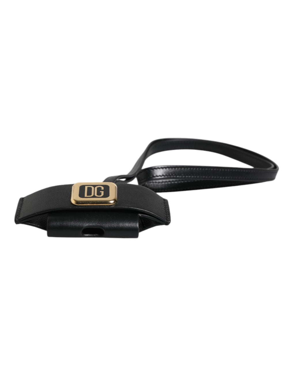 Étui AirPods Dolce & Gabbana en Cuir Noir avec Plaque Logo Métal Doré