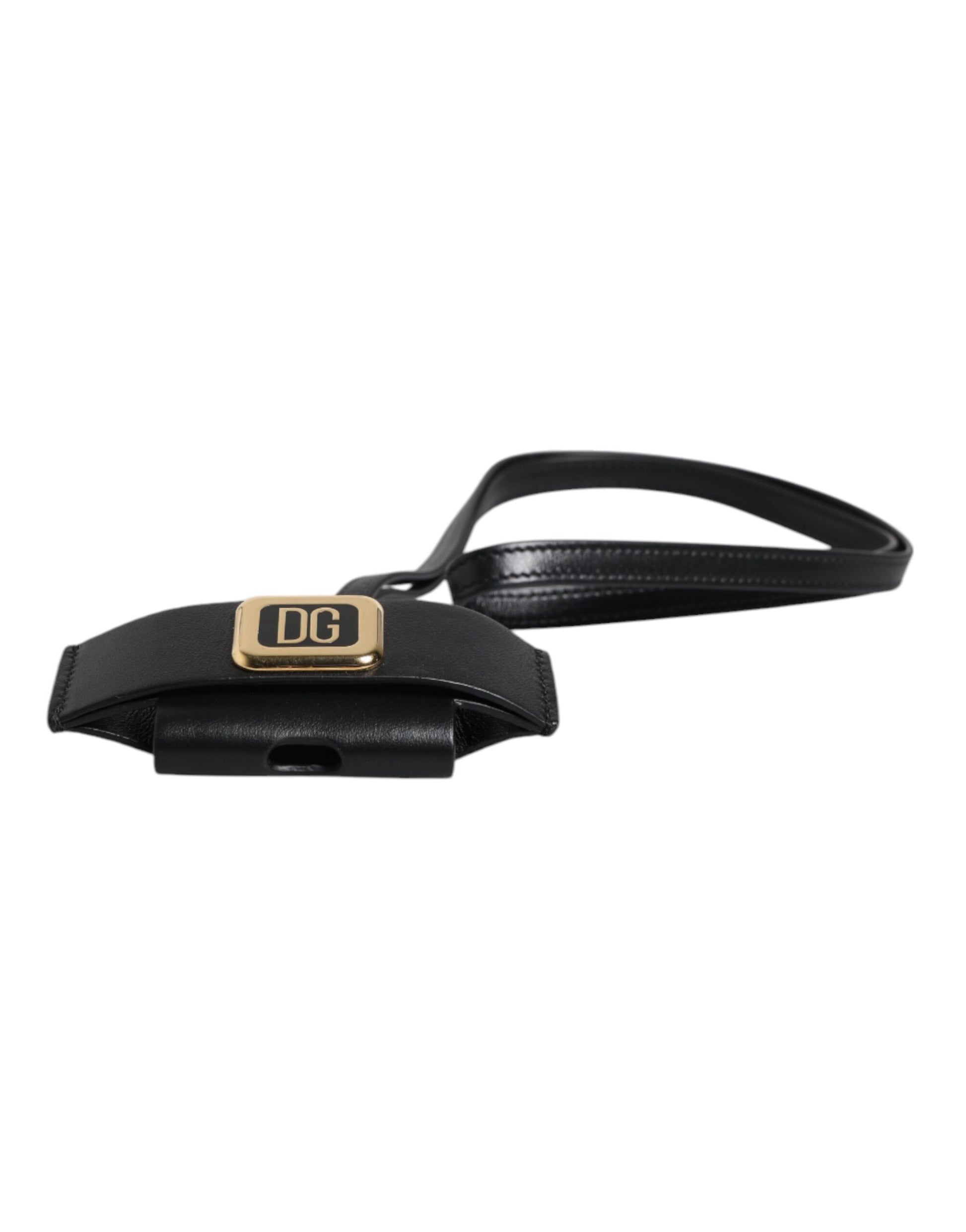 Étui AirPods Dolce & Gabbana en Cuir Noir avec Plaque Logo Métal Doré