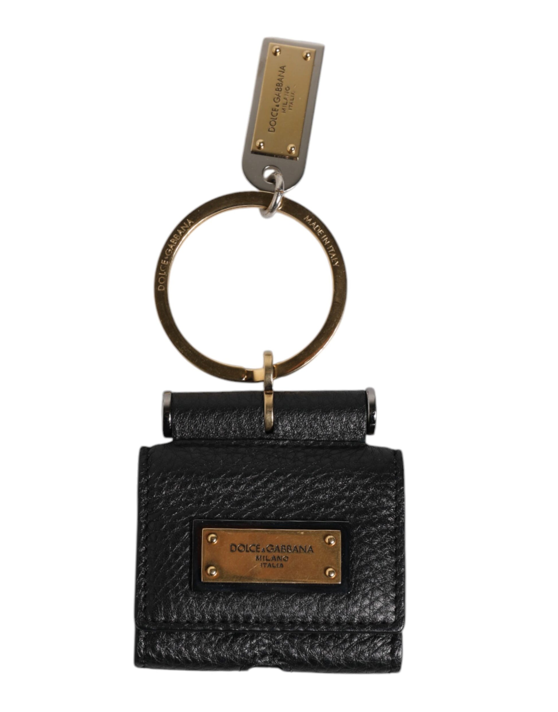 Étui AirPods Dolce & Gabbana en Cuir Noir avec Plaque Logo Métal Doré