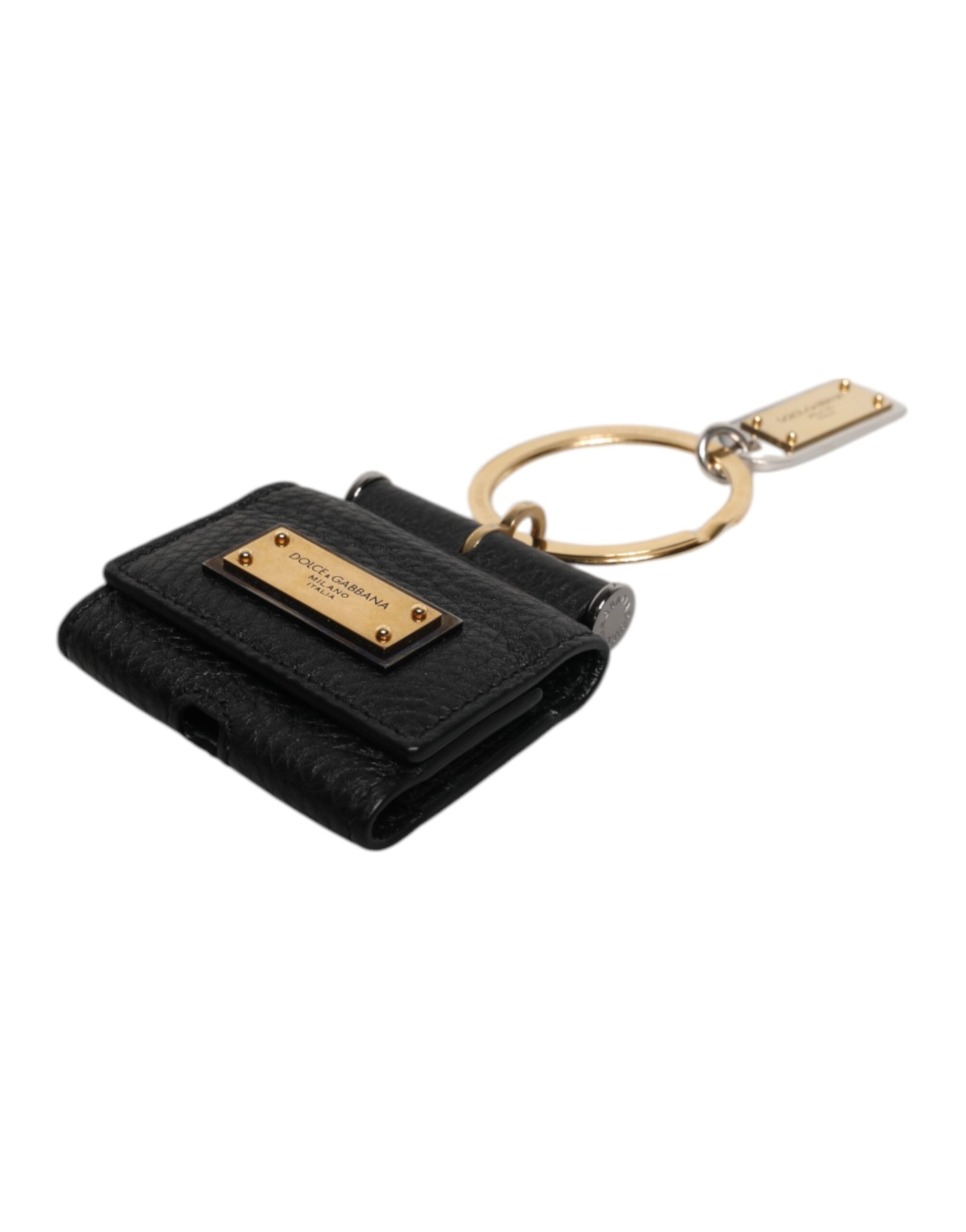 Étui AirPods Dolce & Gabbana en Cuir Noir avec Plaque Logo Métal Doré